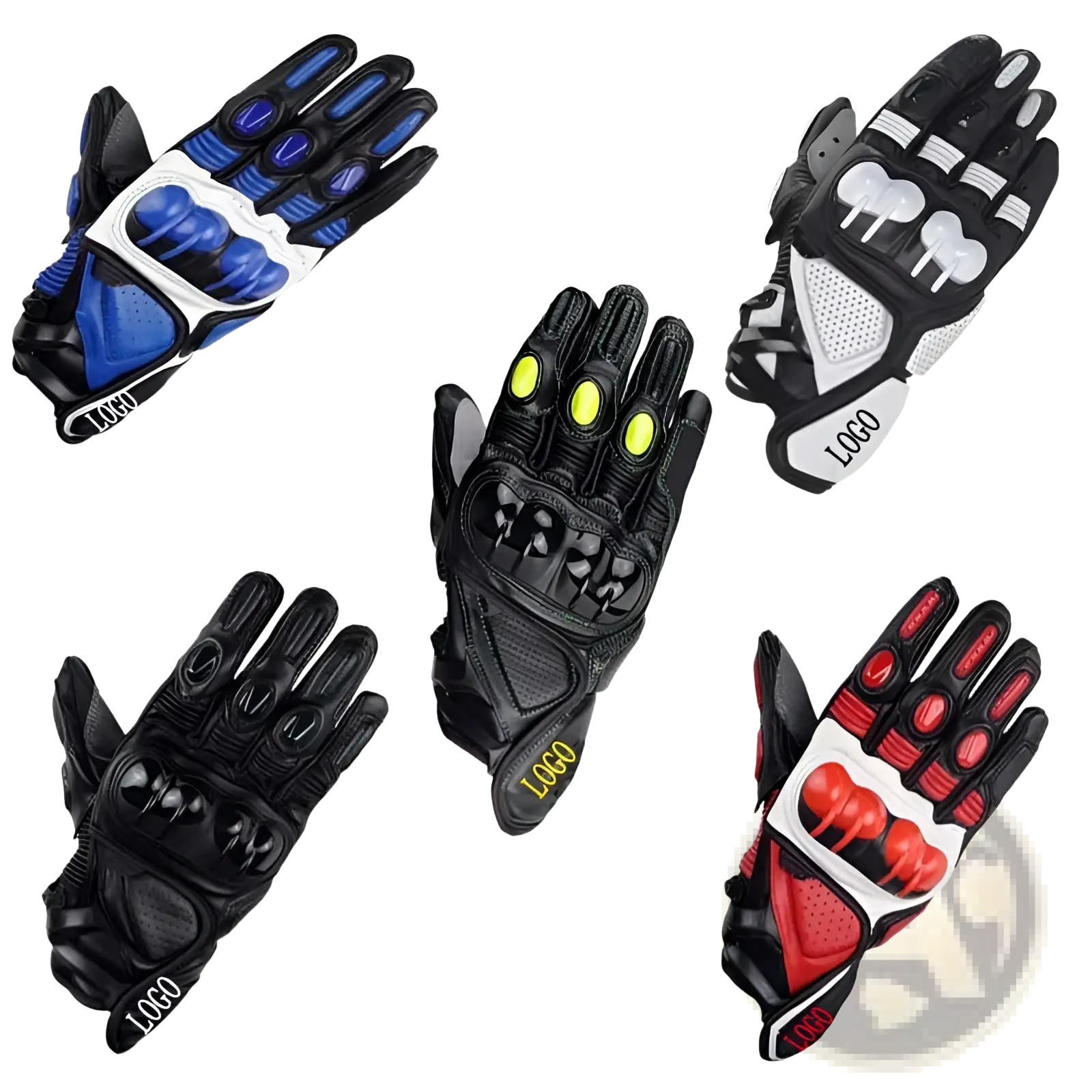 Leather motorcycle racing gloves with ventilated padding in black blue yellow and red shown from the back side