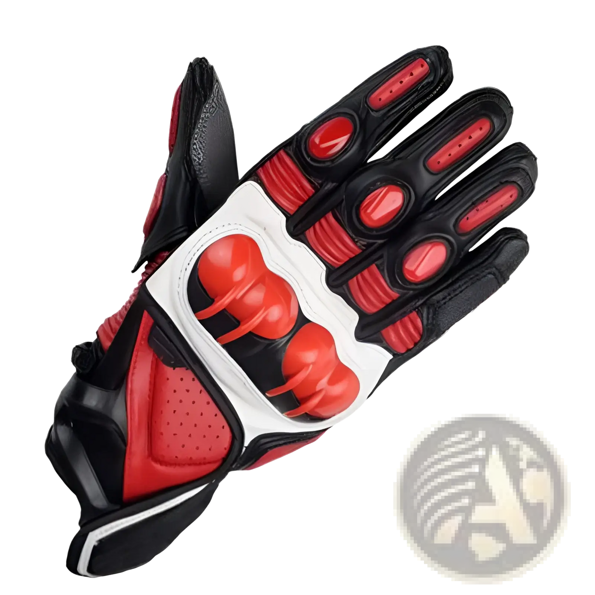 Back side of red black and white leather motorcycle racing gloves with ventilated reinforced padding on knuckles and fingers