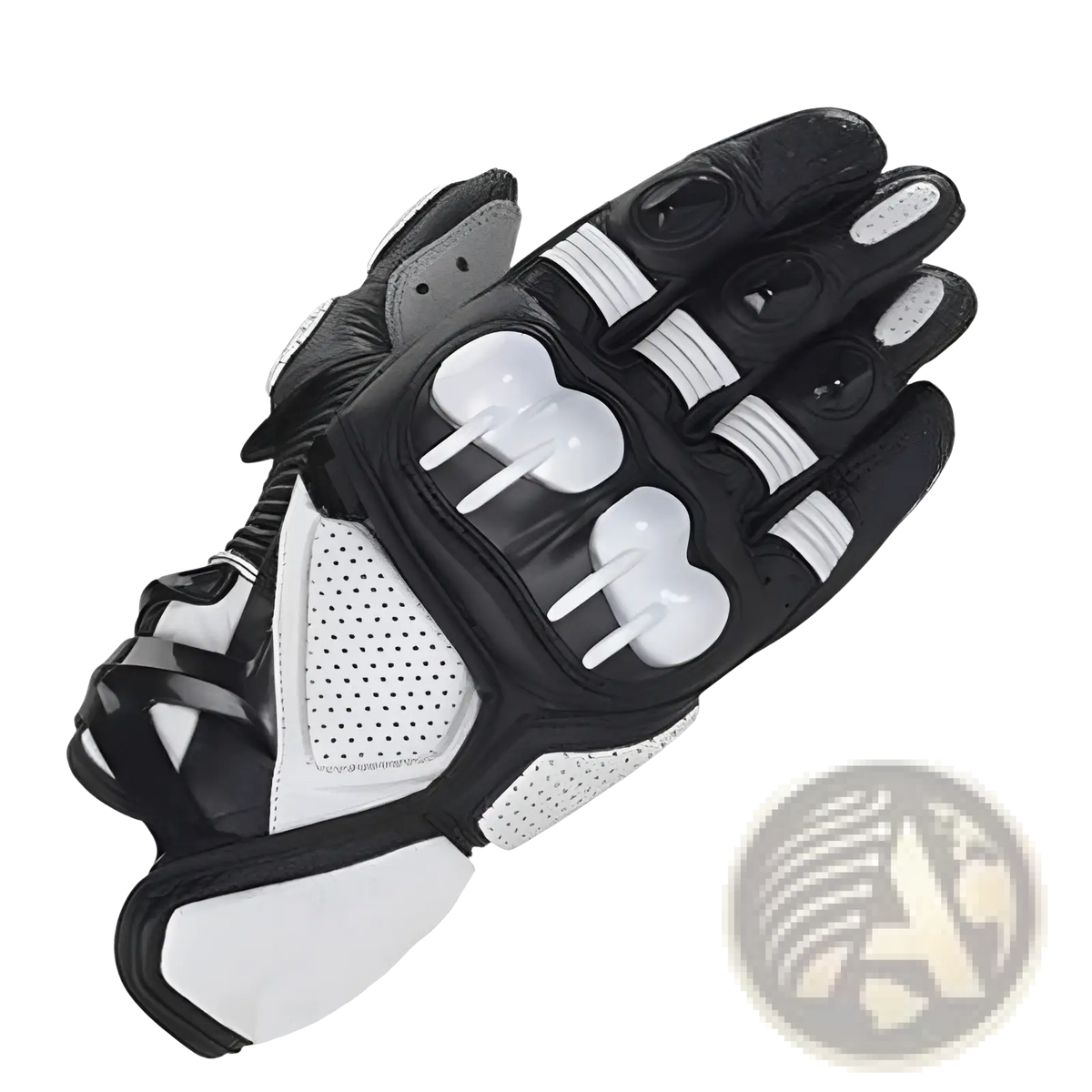 Black and white leather motorcycle racing glove with ventilated perforated padding and reinforced knuckle protection back side