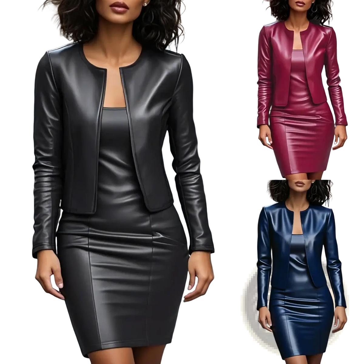 Black faux leather office dress set featuring a sheath dress with a matching cropped blazer front view