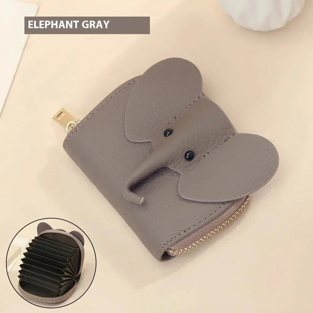 Elephant gray faux leather mini accordion card holder wallet with stitched ears and black bead eyes