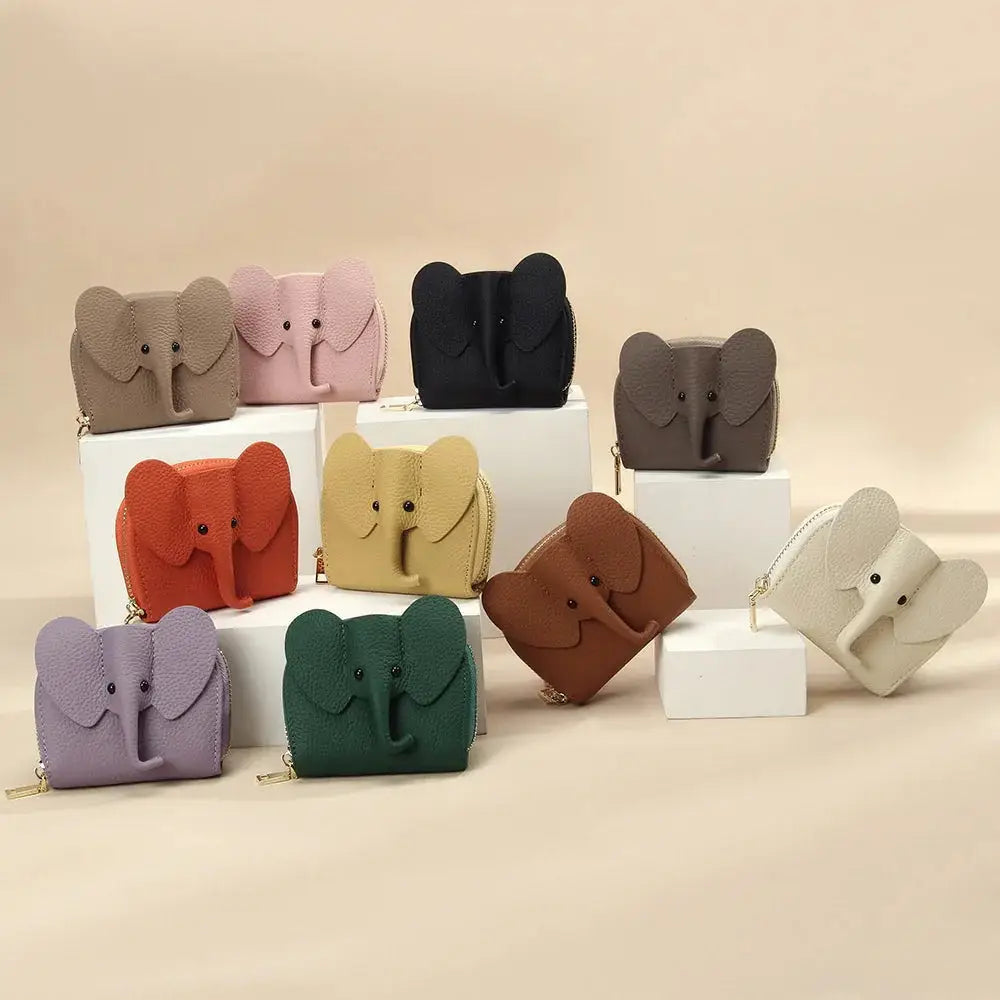 Elephant leather accordion card holder wallets in various colors including beige pink black orange yellow brown purple and green