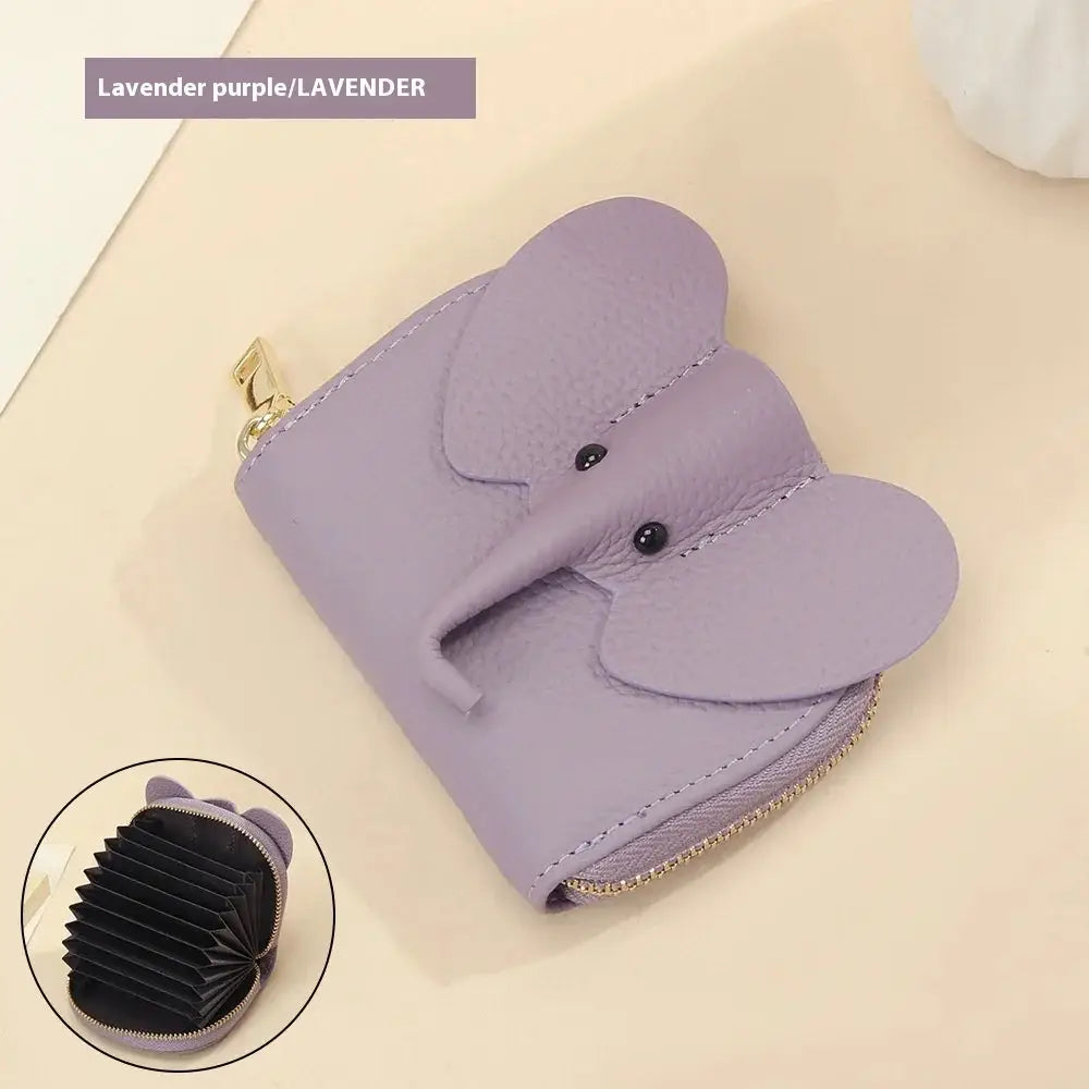 Lavender purple leather elephant leather accordion card holder wallet with black bead eyes and gold zipper