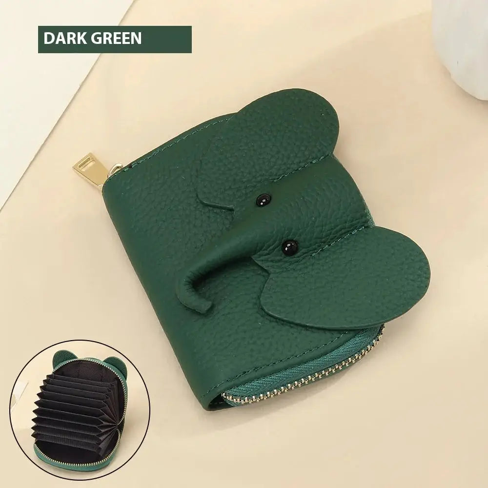 Elephant leather accordion card holder wallet in dark green with black bead eyes and silver zipper closure