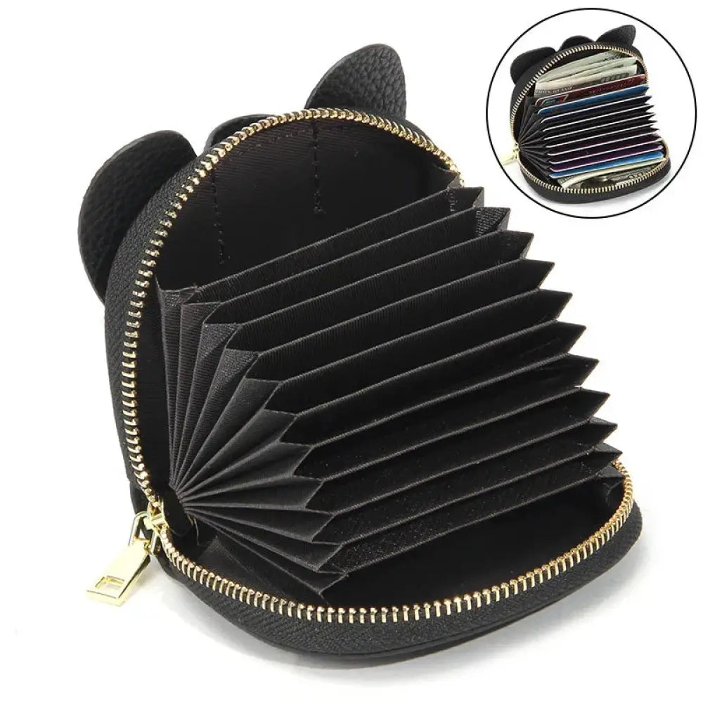 Black elephant leather accordion card holder wallet shaped like a cat with gold zipper and multiple card slots