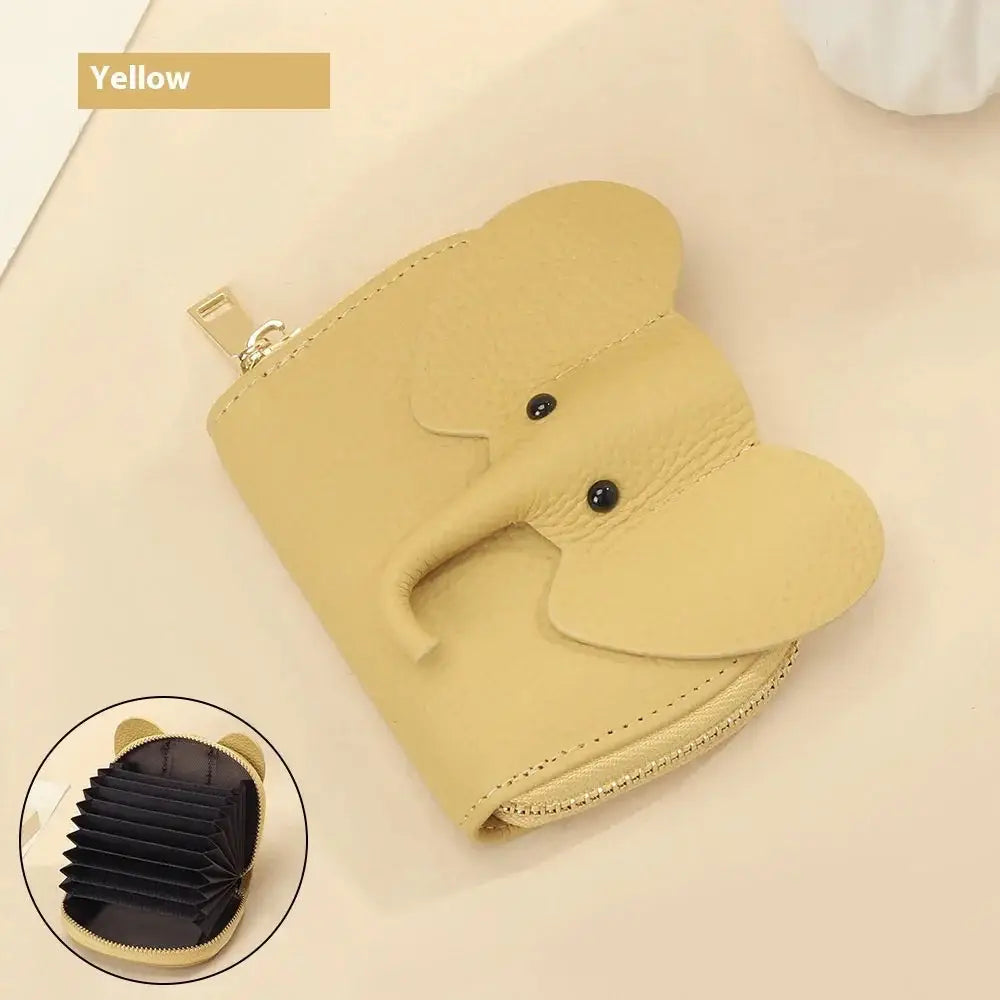 Yellow elephant leather accordion card holder wallet with black button eyes and zipper closure made of soft leather