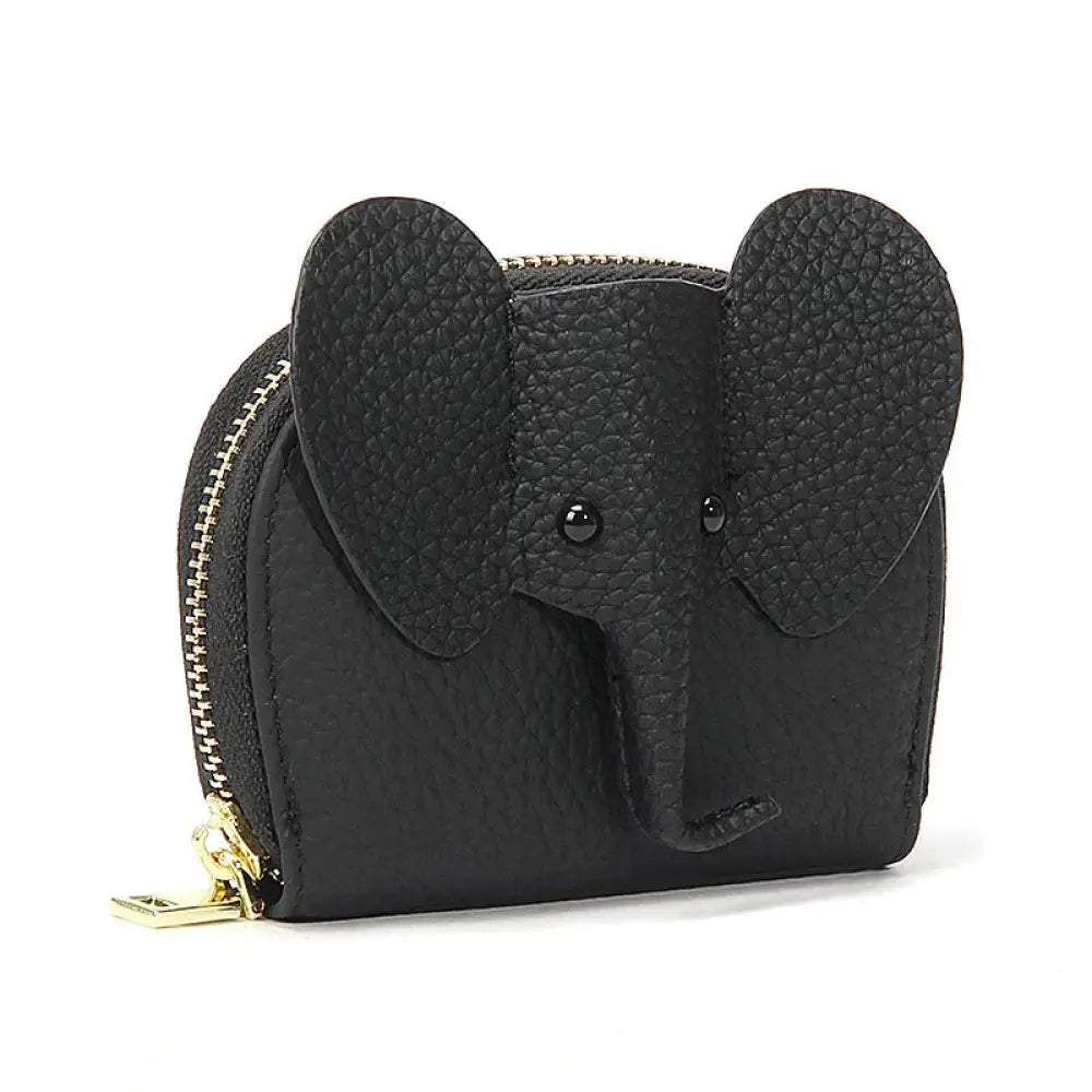 Black textured leather elephant-shaped coin purse with gold zipper pull featured in elephant leather accordion card holder wallet