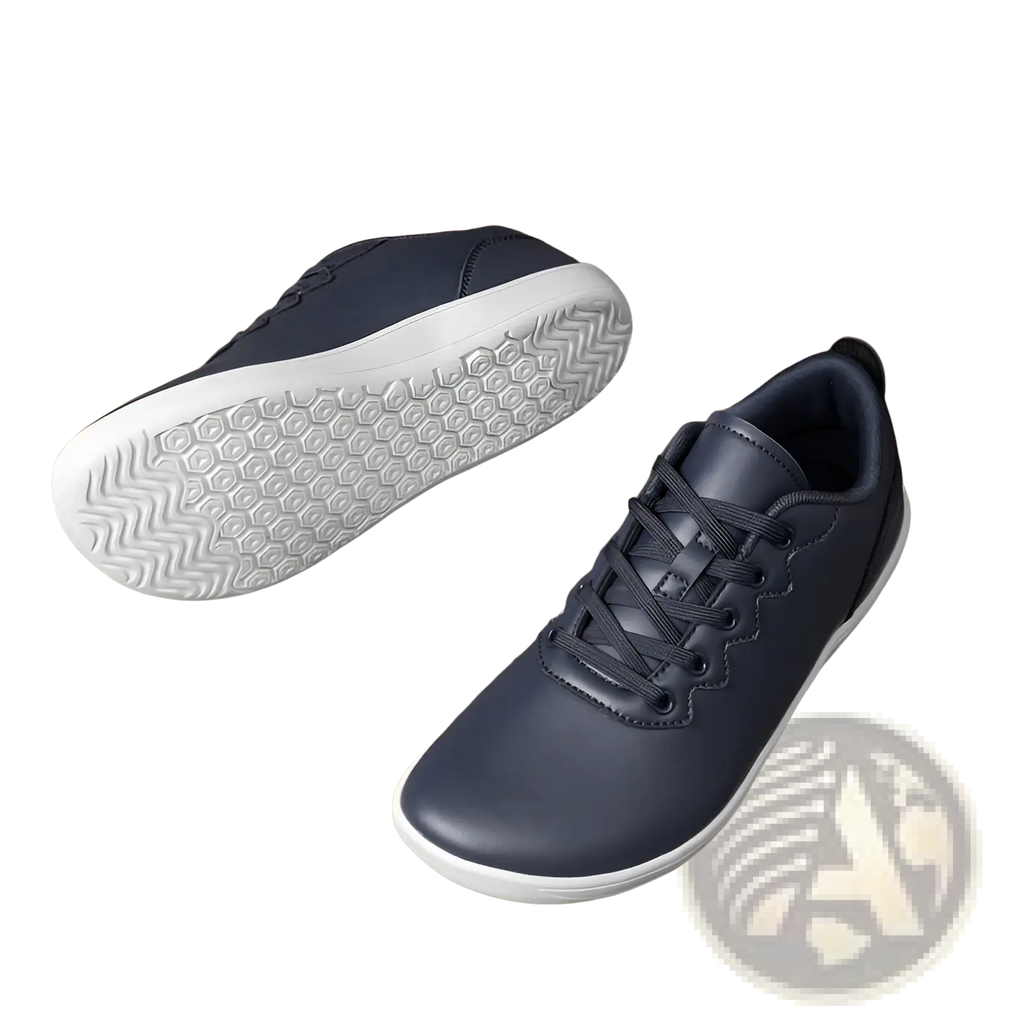 Navy blue leather low-top outdoor sneakers with white rubber soles and hexagonal tread pattern minimalist casual shoes