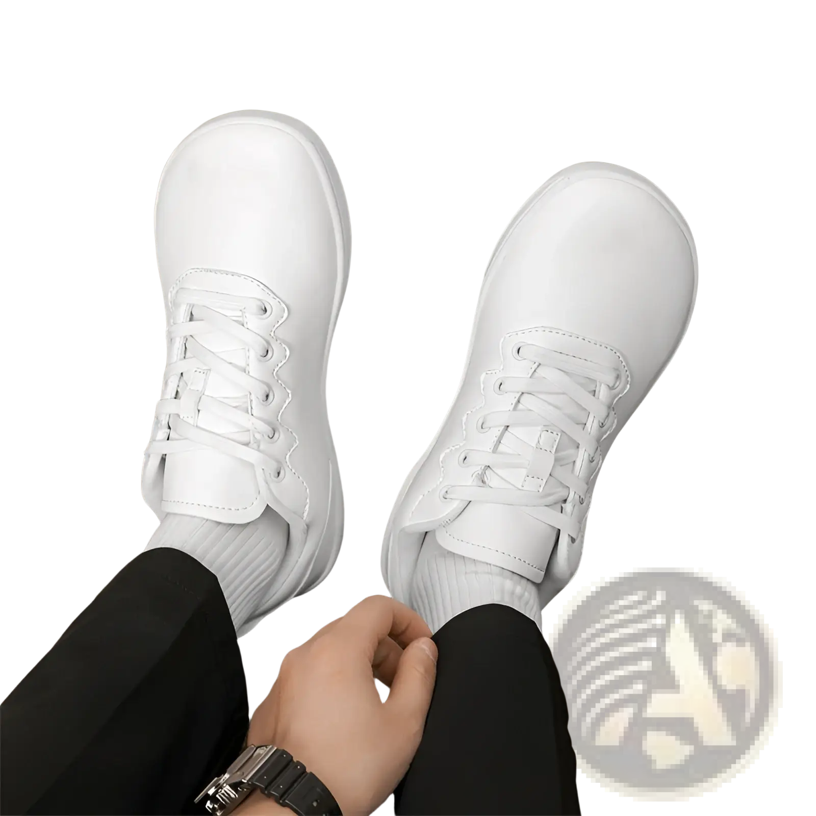 White leather outdoor sneakers with a clean minimalist design and matching laces for casual wear