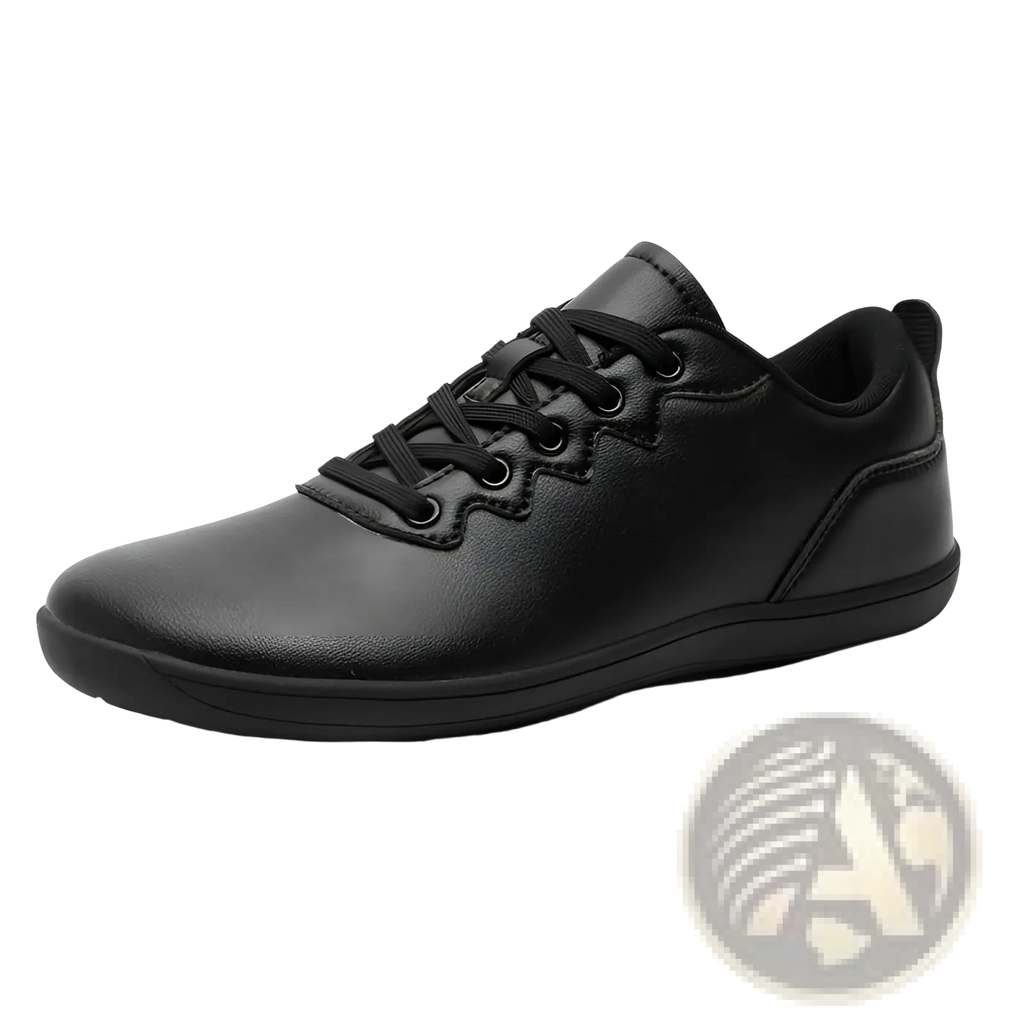 Black leather lace-up sneaker with minimalist design and subtle stitching for casual outdoor use