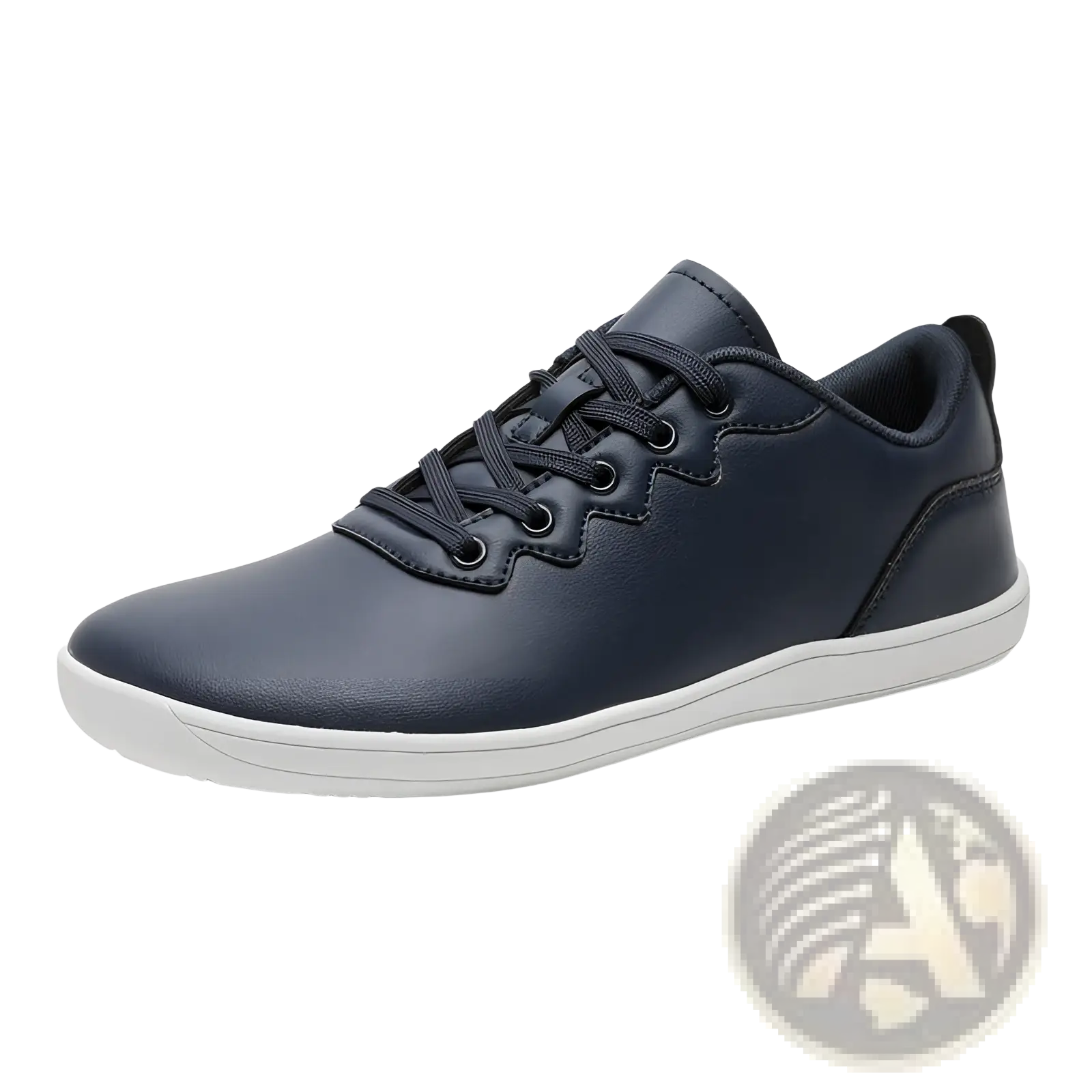 Dark navy leather low-top outdoor sneakers with white rubber sole and matching laces for minimalist casual use