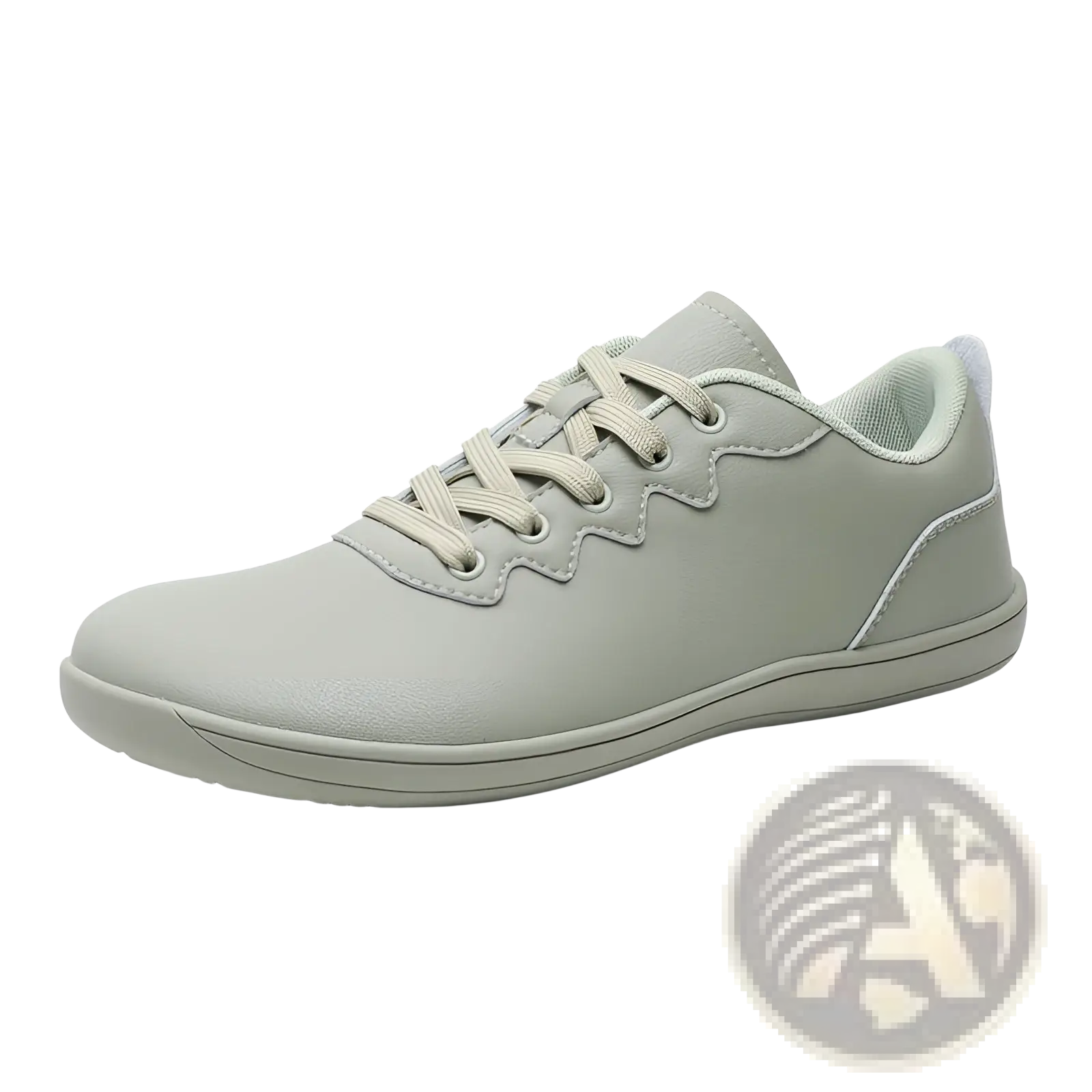 A sleek light gray leather outdoor sneaker with wave-patterned lace eyelets and matching laces for minimalist casual wear