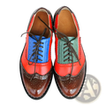 Leather oxford brogue shoes women’s two tone flats in bright red and brown with blue and green leather accents