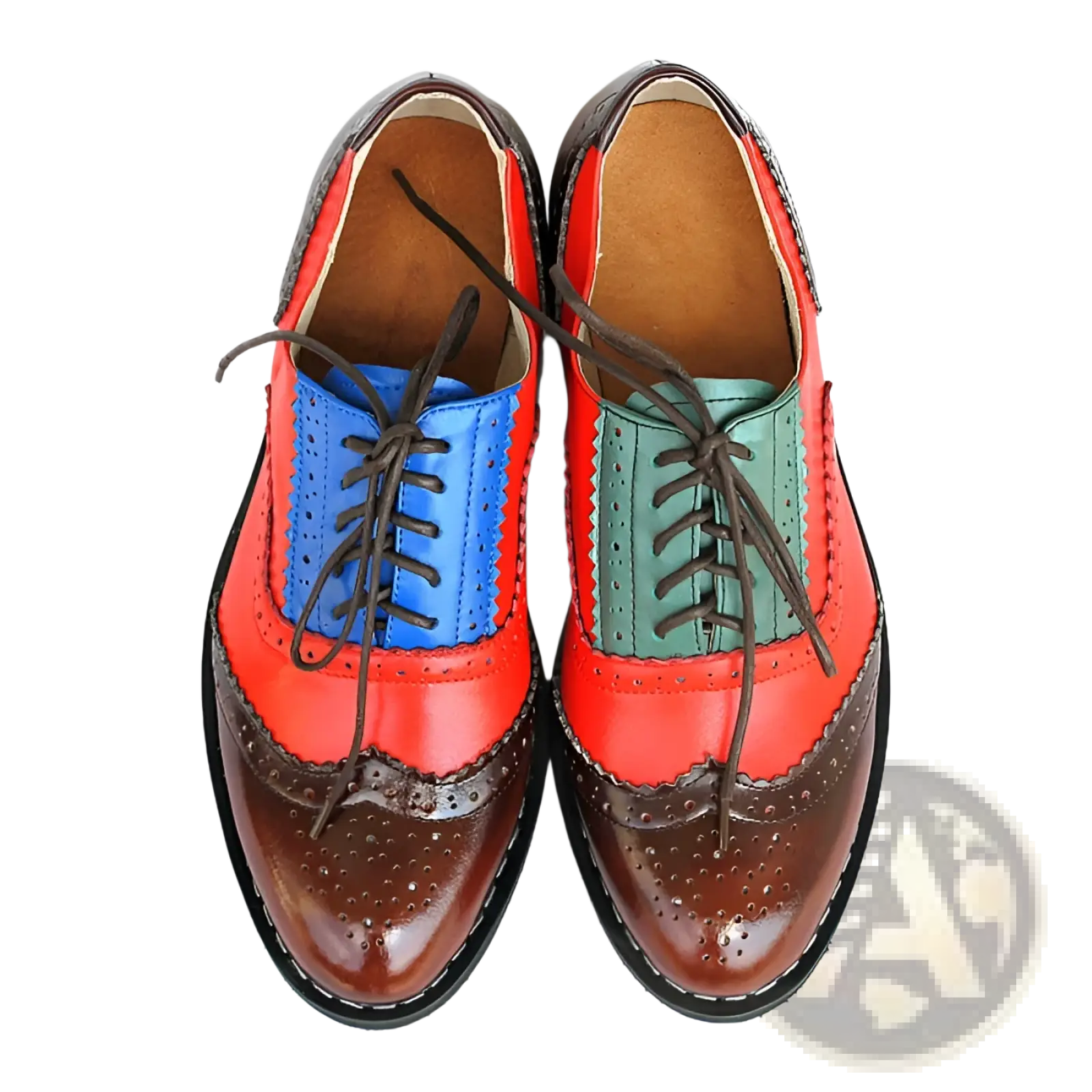 Leather oxford brogue shoes women’s two tone flats in bright red and brown with blue and green leather accents