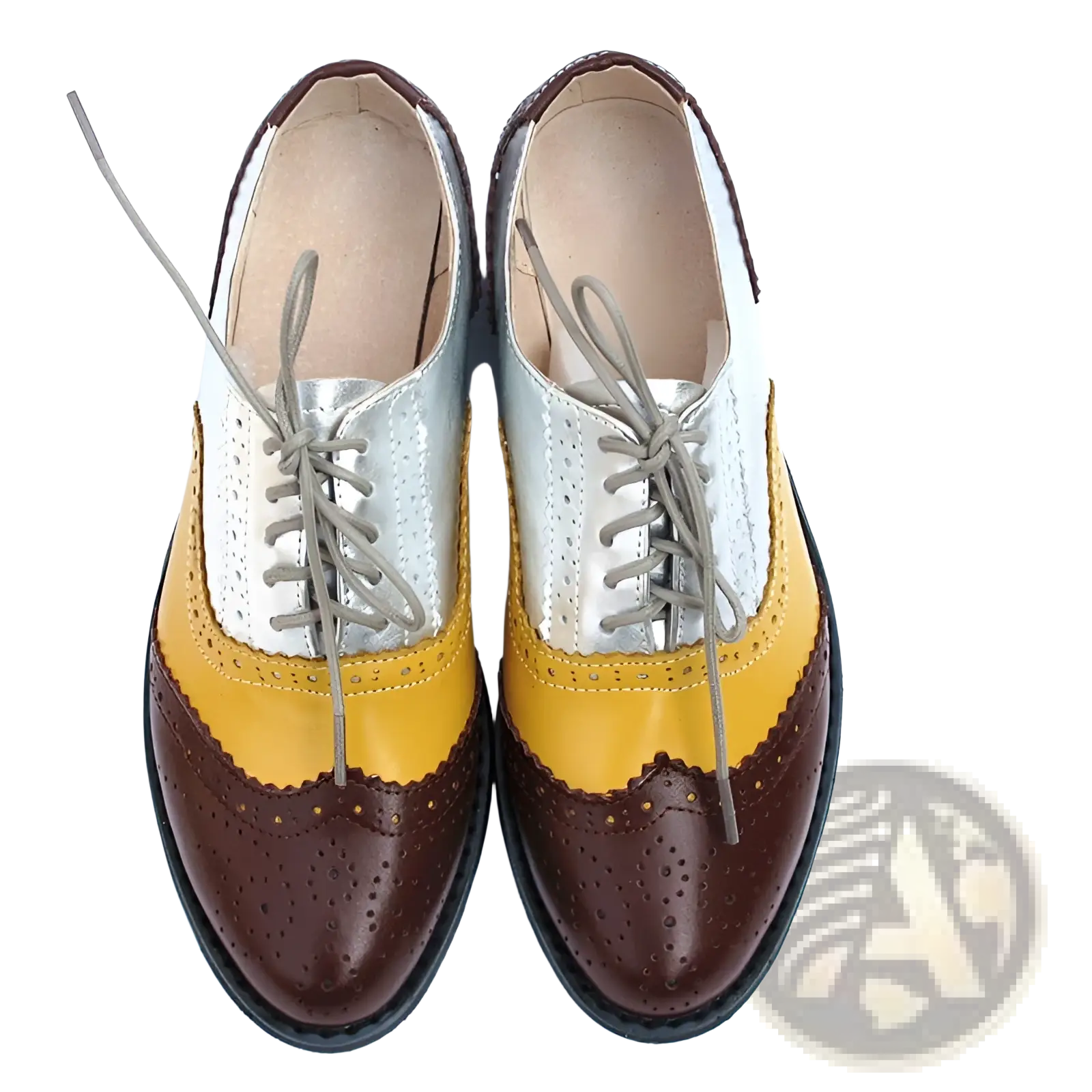 Leather oxford brogue shoes women’s two tone flats featuring brown yellow and silver three-tone perforated detailing