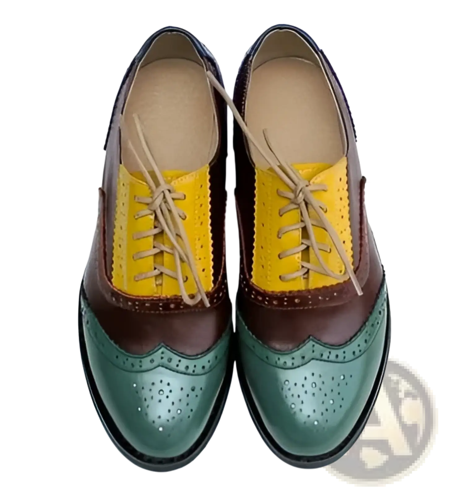 Leather oxford brogue shoes women’s two tone flats in brown and green leather with yellow accents on lacing area