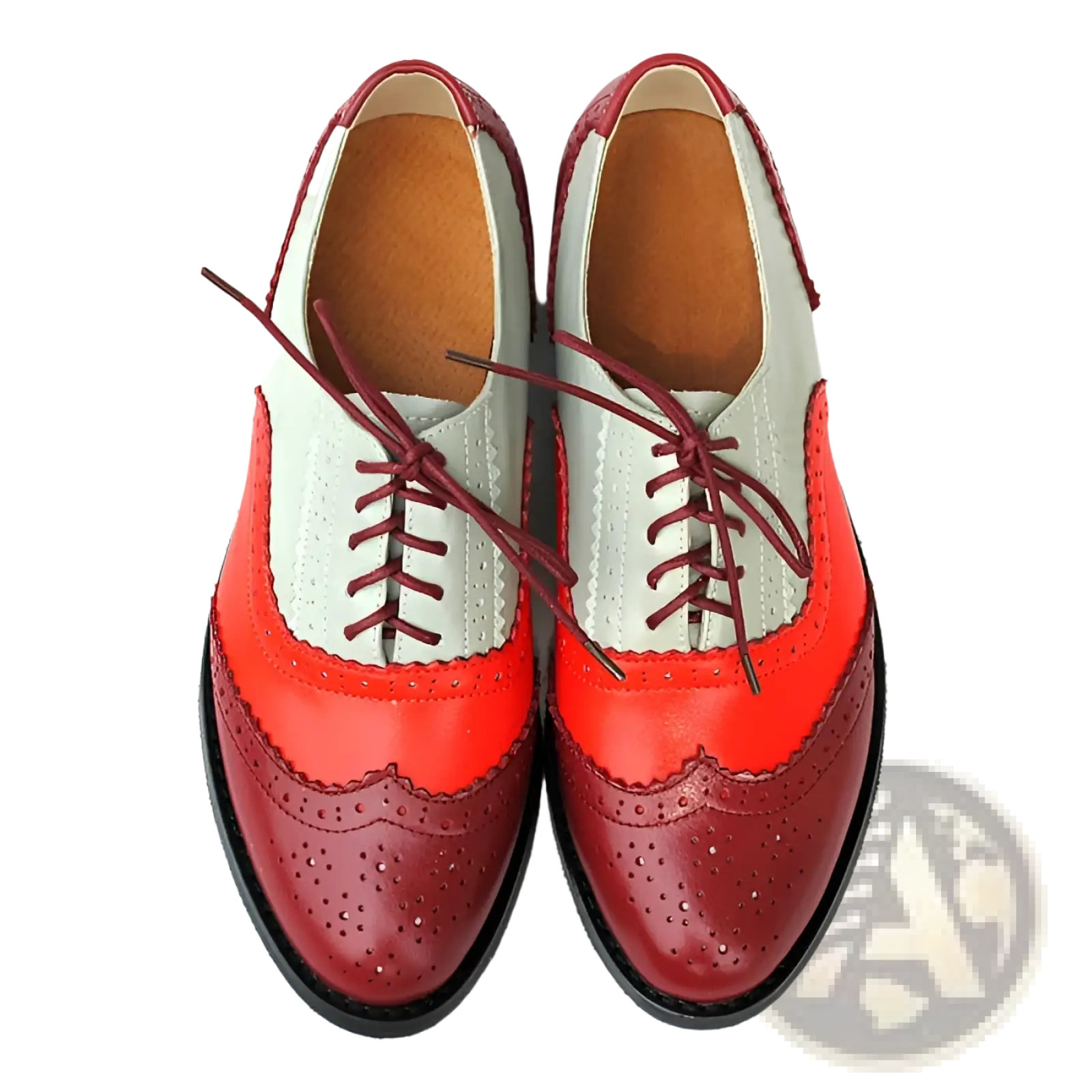 Leather oxford brogue shoes women’s two tone flats in vibrant red and white leather with burgundy laces