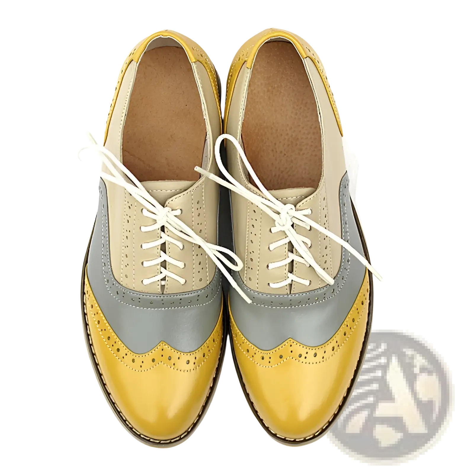 Leather oxford brogue shoes womens two tone flats featuring beige gray and glossy mustard yellow leather panels with broguing