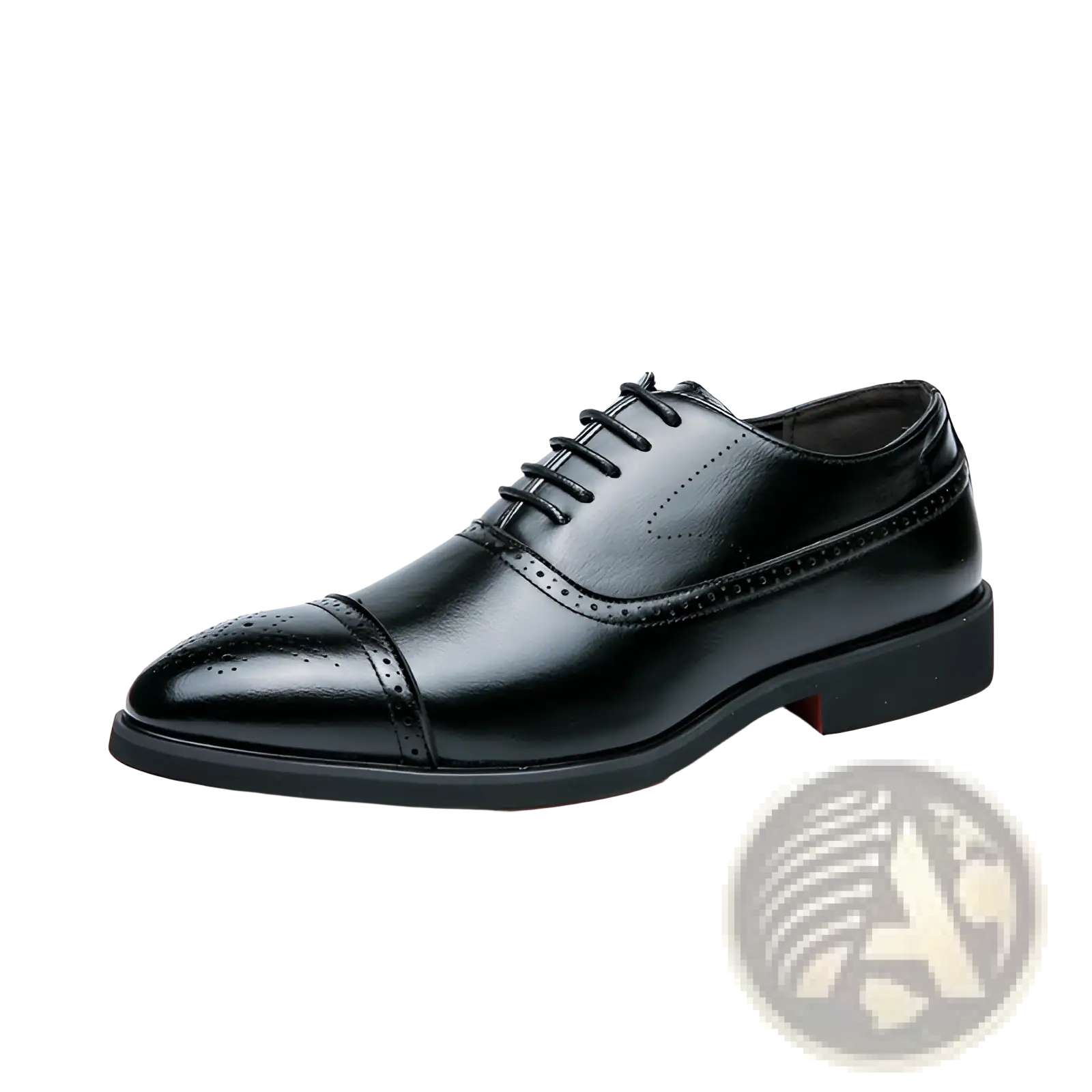 Black leather oxford shoe with polished finish and decorative brogue detailing for men’s business casual wear