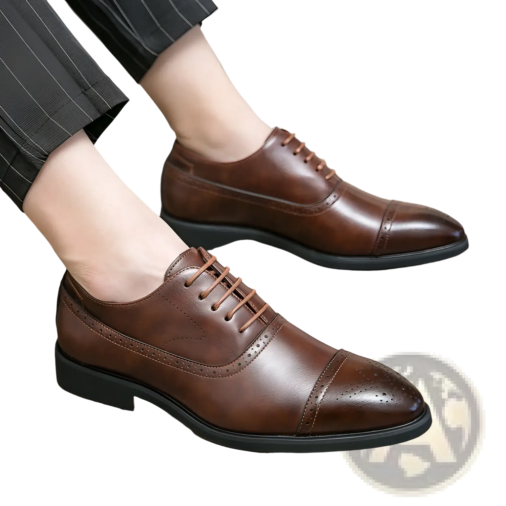 Brown leather oxford shoes mens business casual brogue with brogue detailing and matching laces