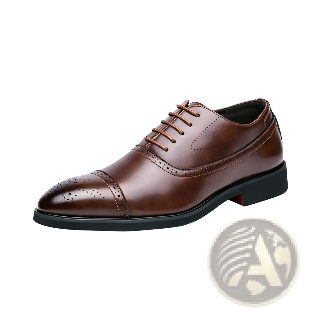 Brown leather oxford shoe with brogue detailing and matching laces for men’s business casual wear