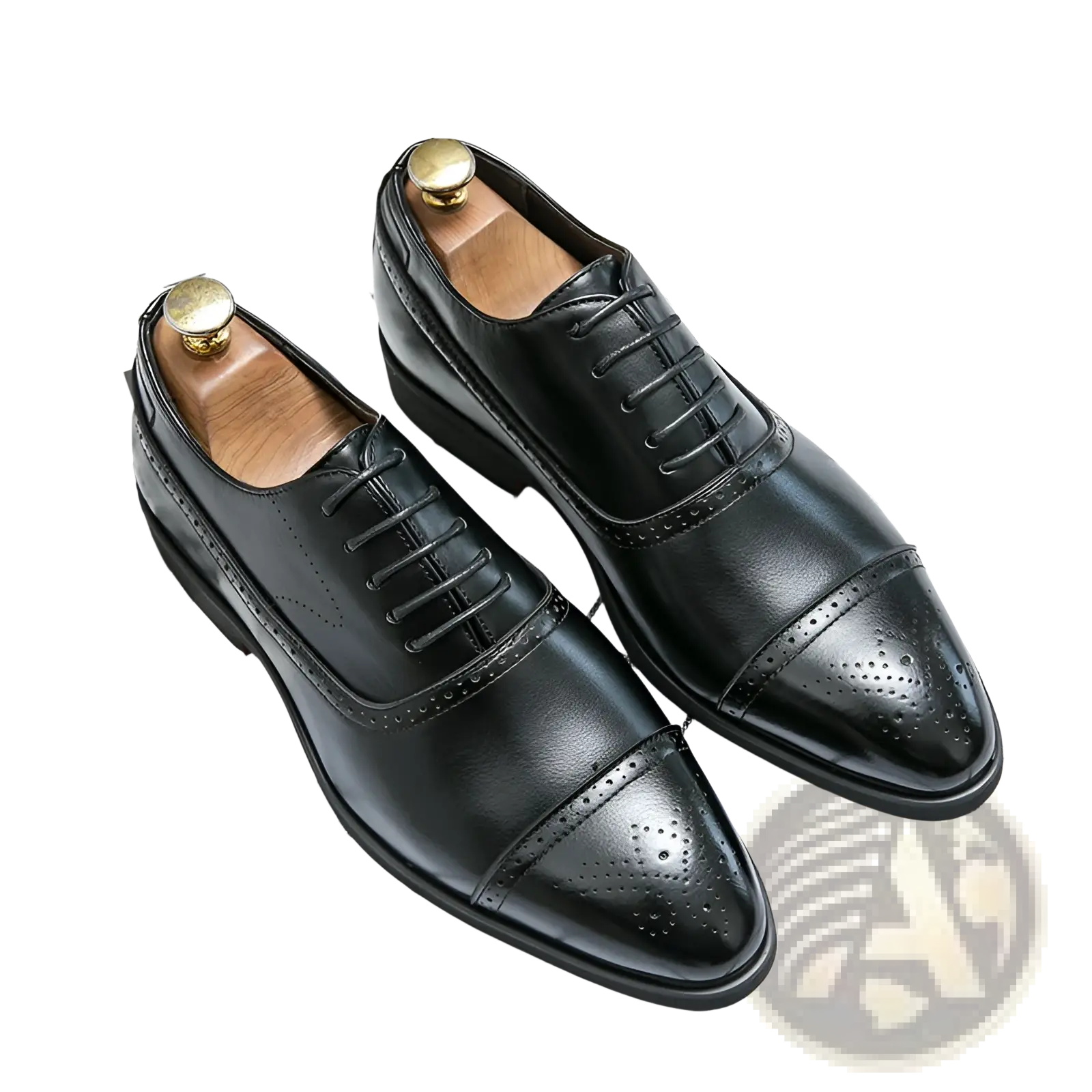 Black leather oxford shoes with polished finish and decorative brogue detailing for men’s business casual wear