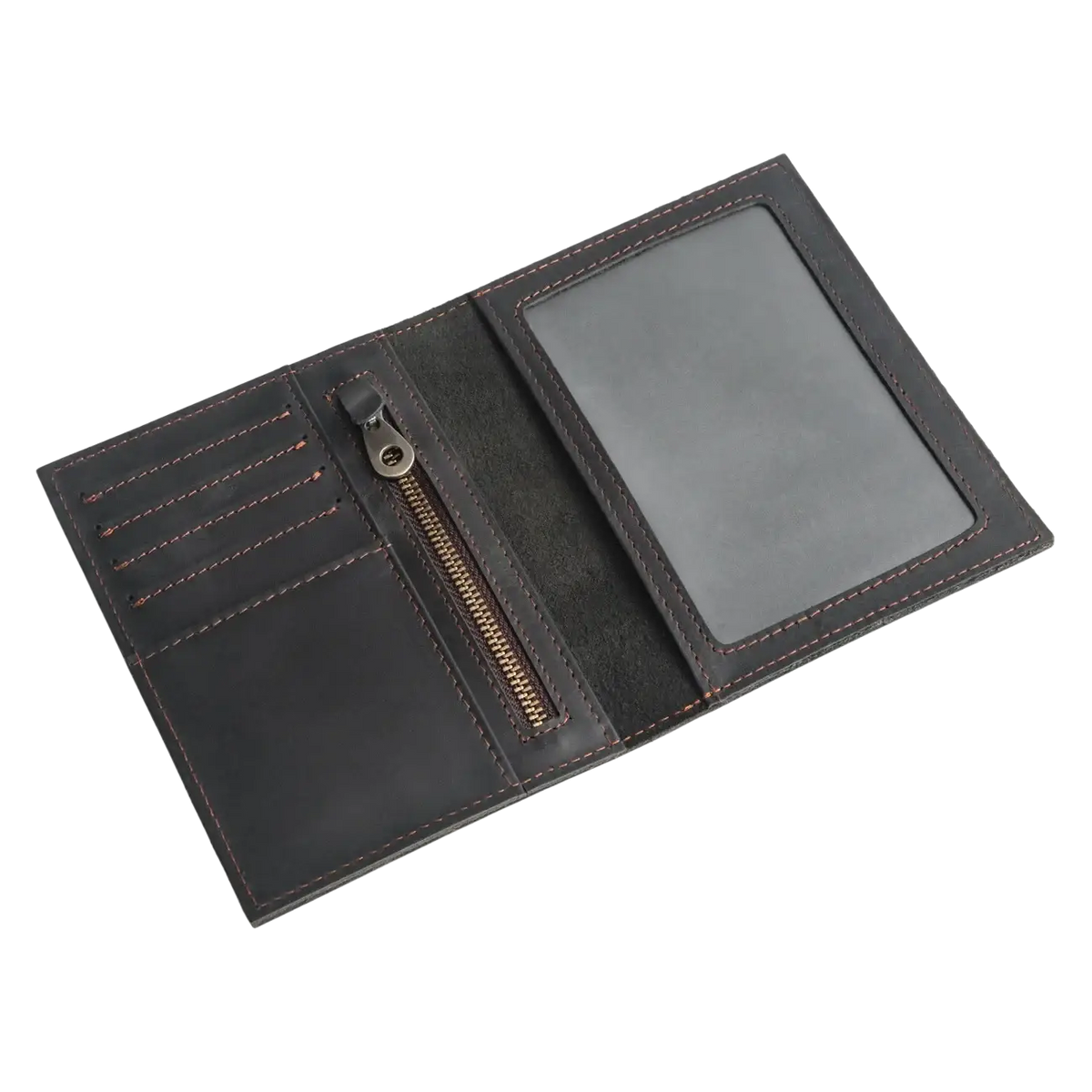 Black leather passport holder travel wallet with pink stitching zipper compartment and id window