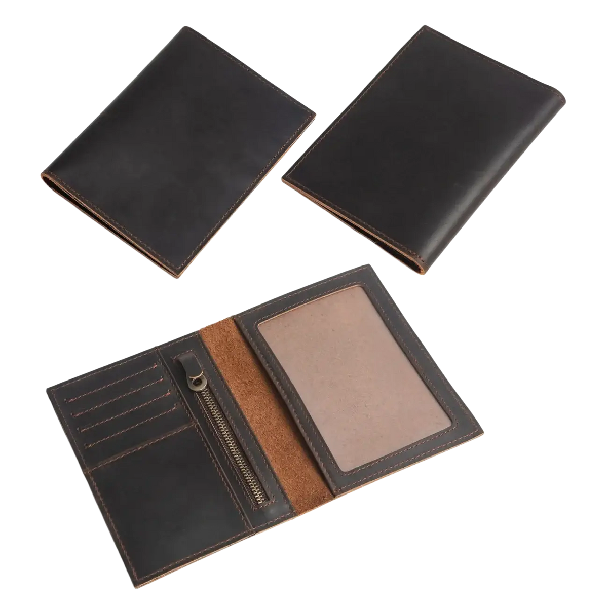 Black leather passport holder with brown stitching and zippered compartment for secure travel wallet use