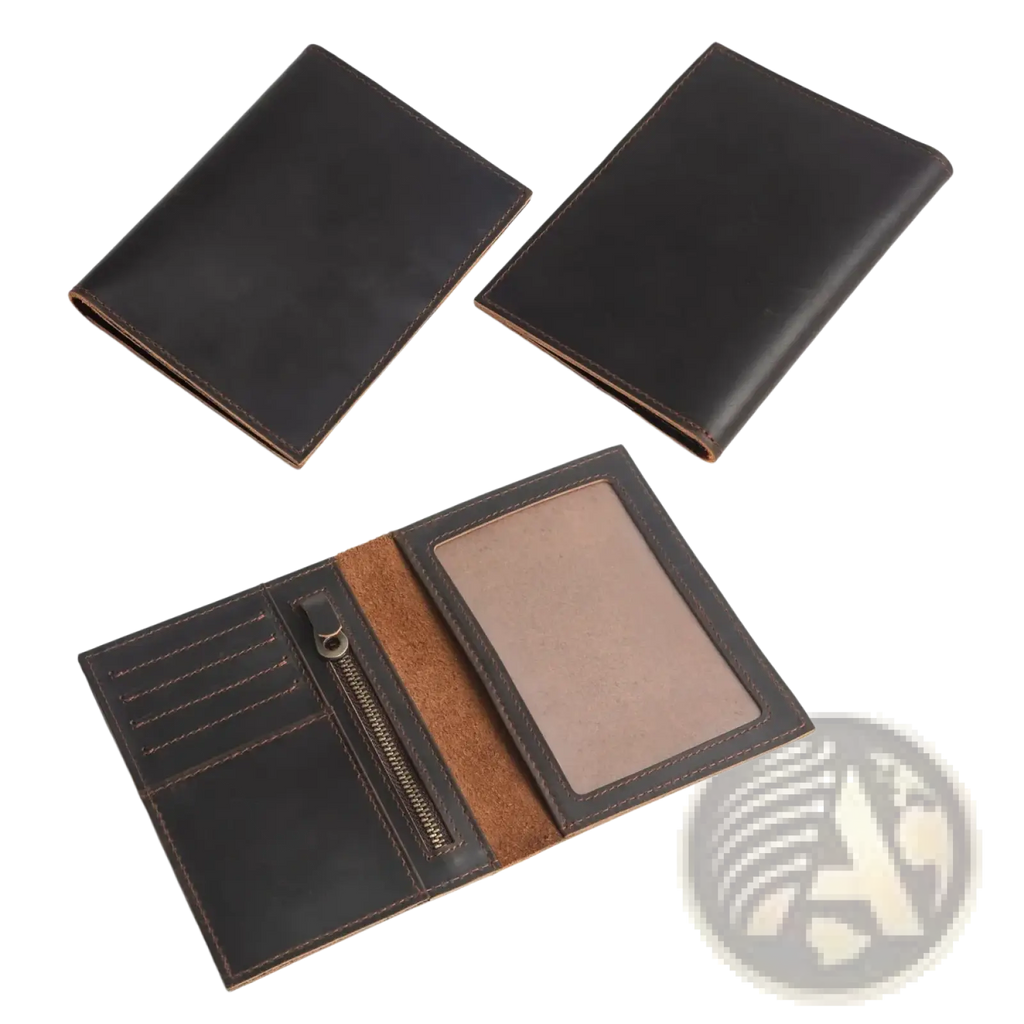 Black leather passport holder with brown stitching and zippered compartment for secure travel wallet use