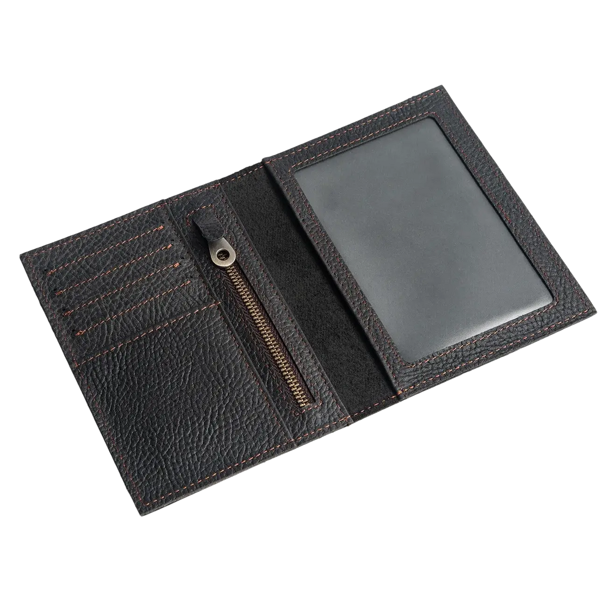 Black textured leather passport holder with red stitching and zippered compartment for secure travel storage