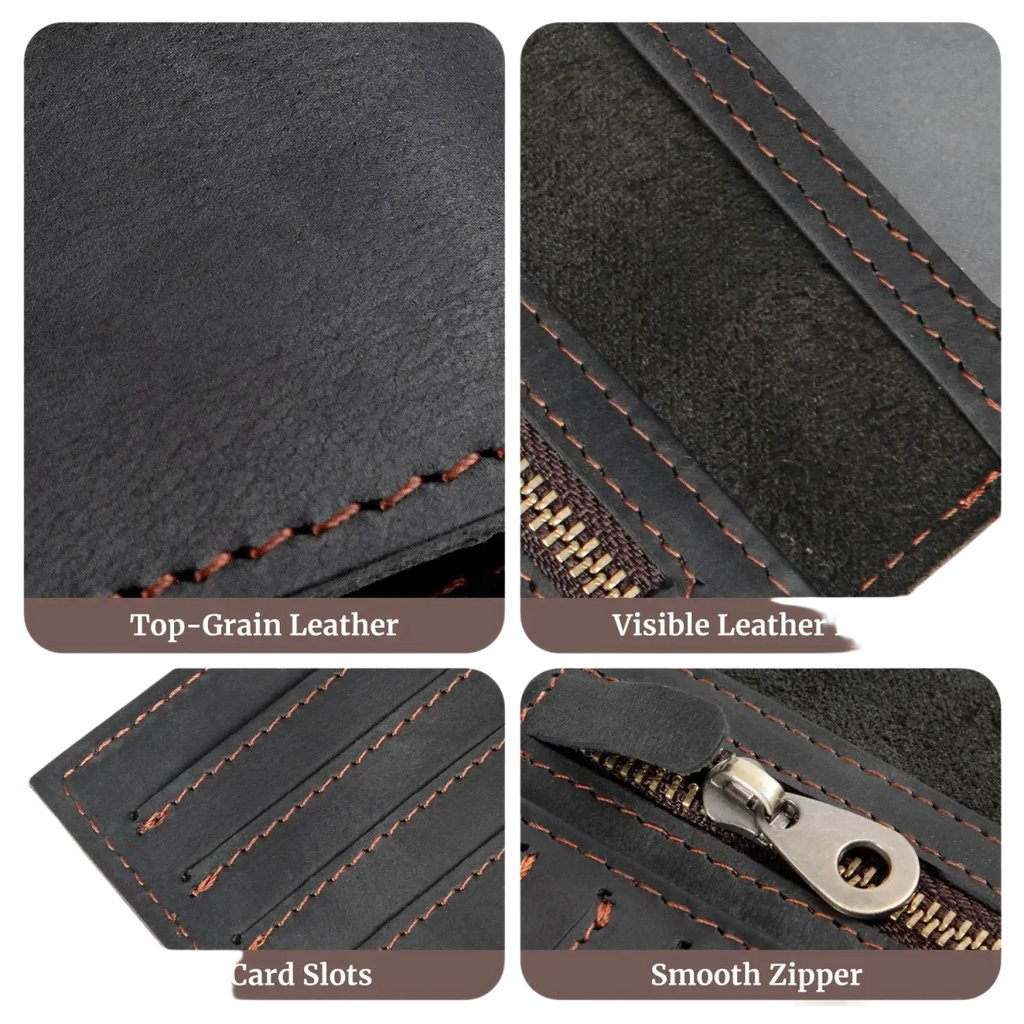 Black top-grain leather passport holder travel wallet with orange stitching card slots and silver zipper closure