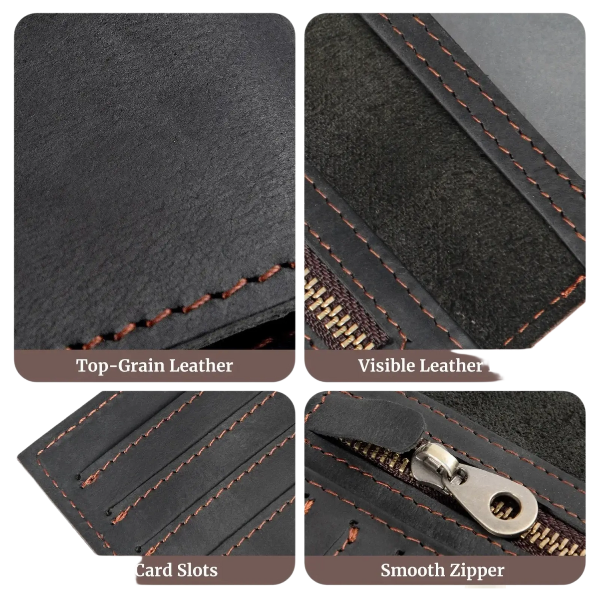 Black top-grain leather passport holder travel wallet with orange stitching card slots and silver zipper closure