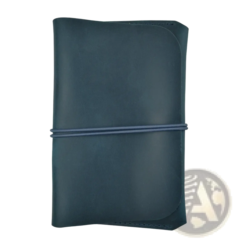 Dark teal leather passport holder travel wallet with matching elastic band securing its cover