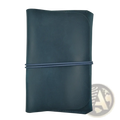Dark teal leather passport holder travel wallet with matching elastic band securing its cover