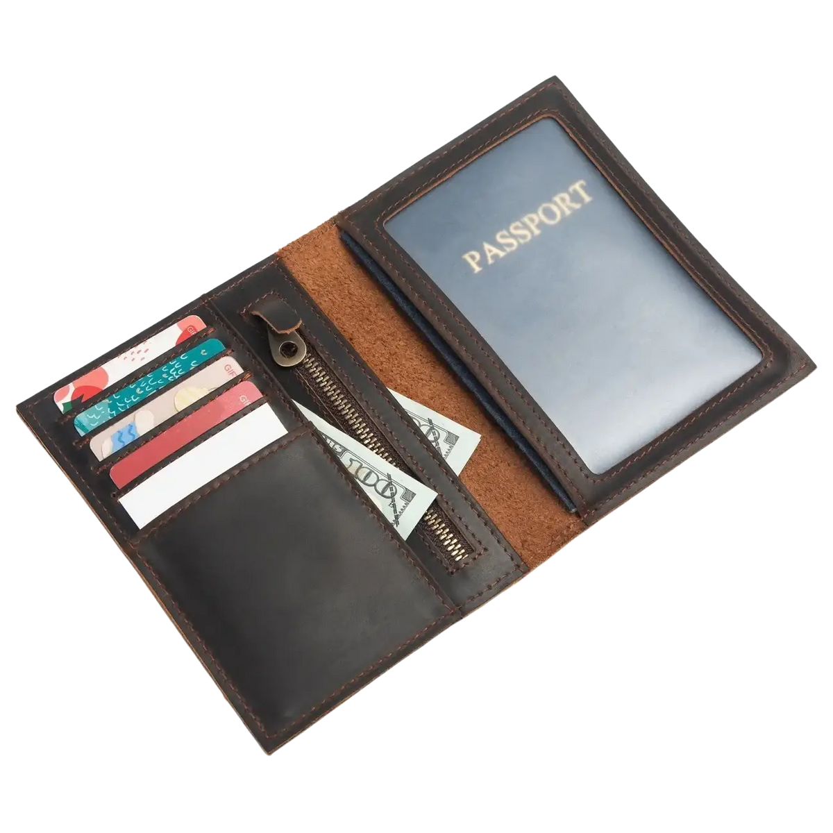 Brown leather passport holder travel wallet with zipper compartment and card slots for secure organization
