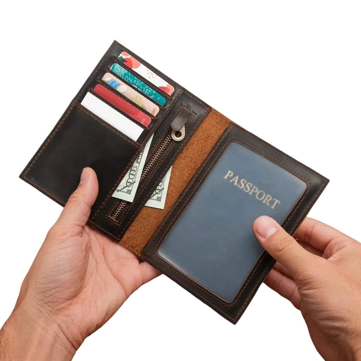 Brown leather passport holder travel wallet with tan interior holding cards and cash for organized travel