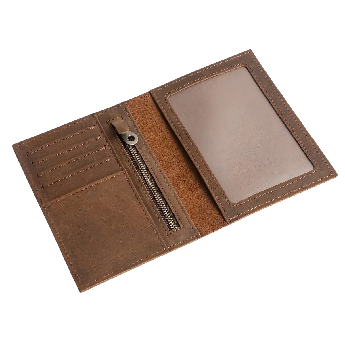 Brown leather passport holder travel wallet with zippered compartment and card slots for organized travel use