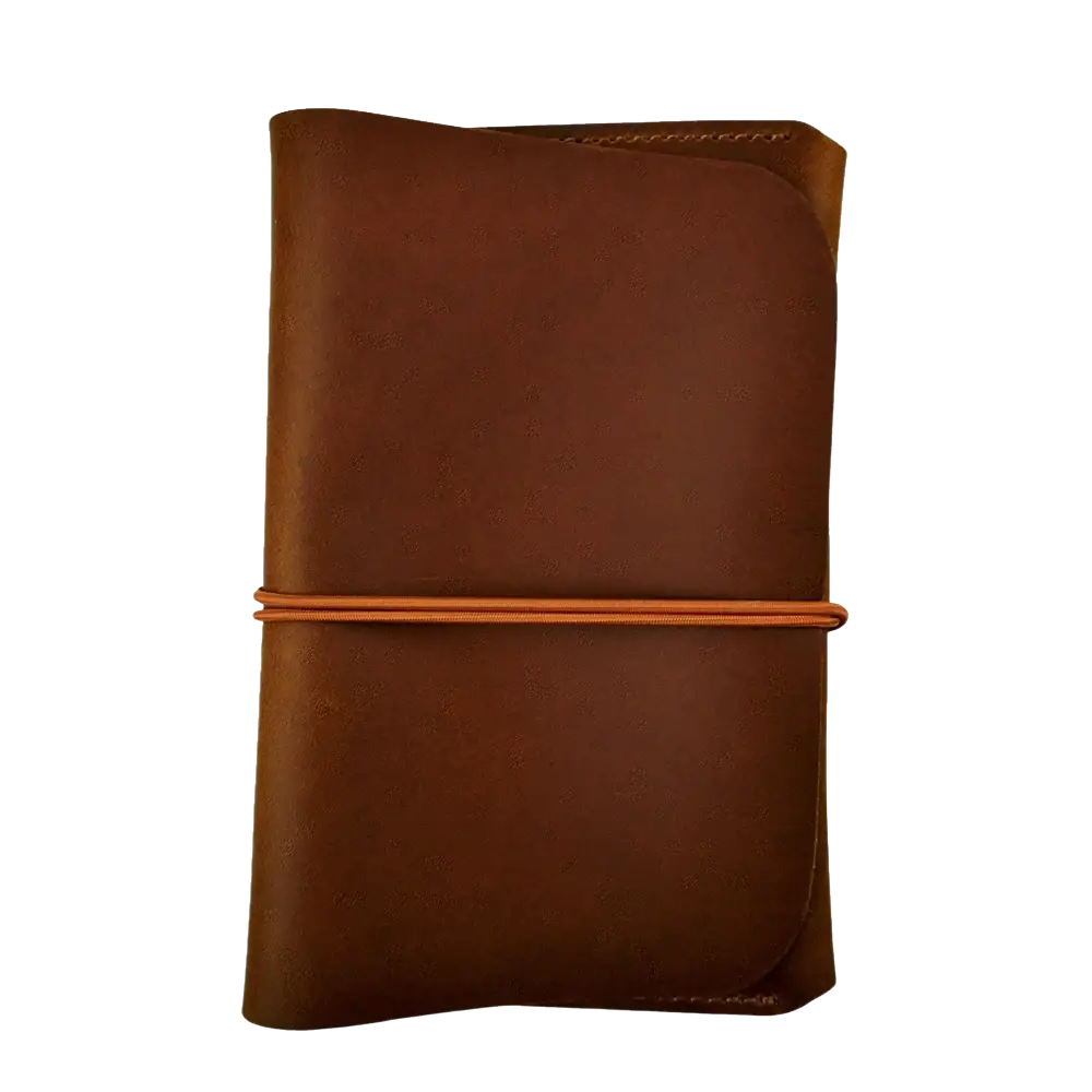 Brown leather passport holder travel wallet with tan elastic band securing the cover for organized travel