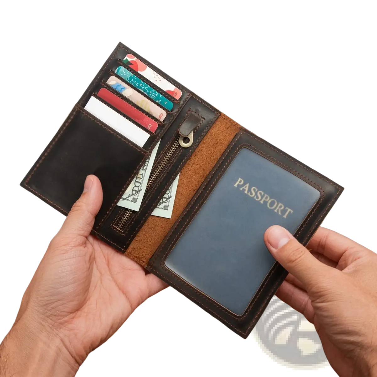 Brown leather passport holder travel wallet with tan interior holding cards and cash for organized travel