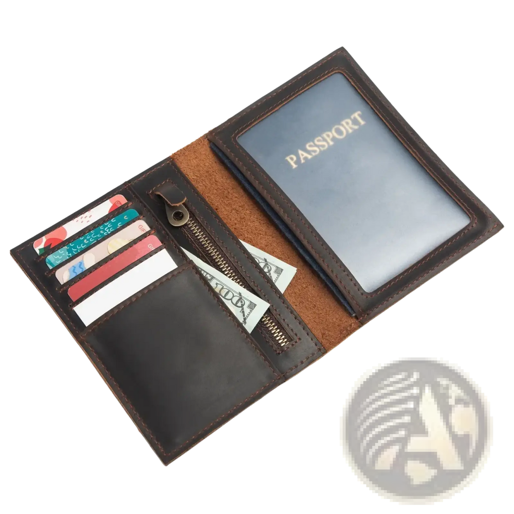 Brown leather passport holder travel wallet with zipper compartment and card slots for secure organization