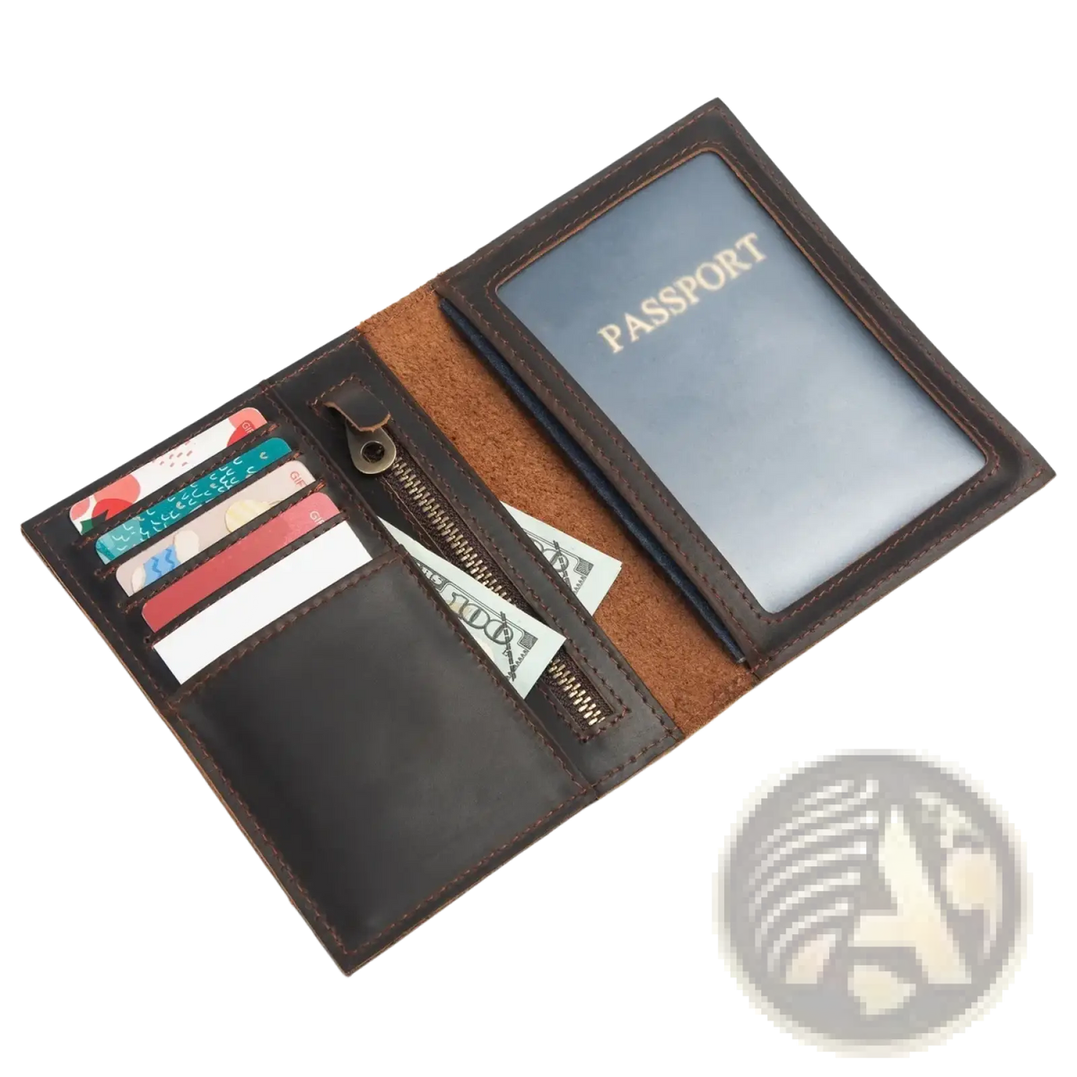 Brown leather passport holder travel wallet with zipper compartment and card slots for secure organization