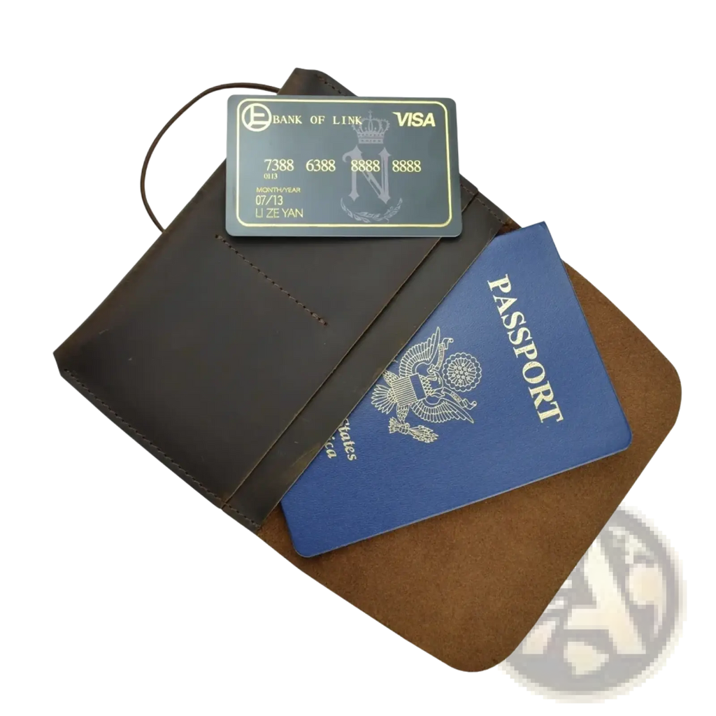 Dark brown leather passport holder travel wallet with matching strap and visible stitching for secure travel