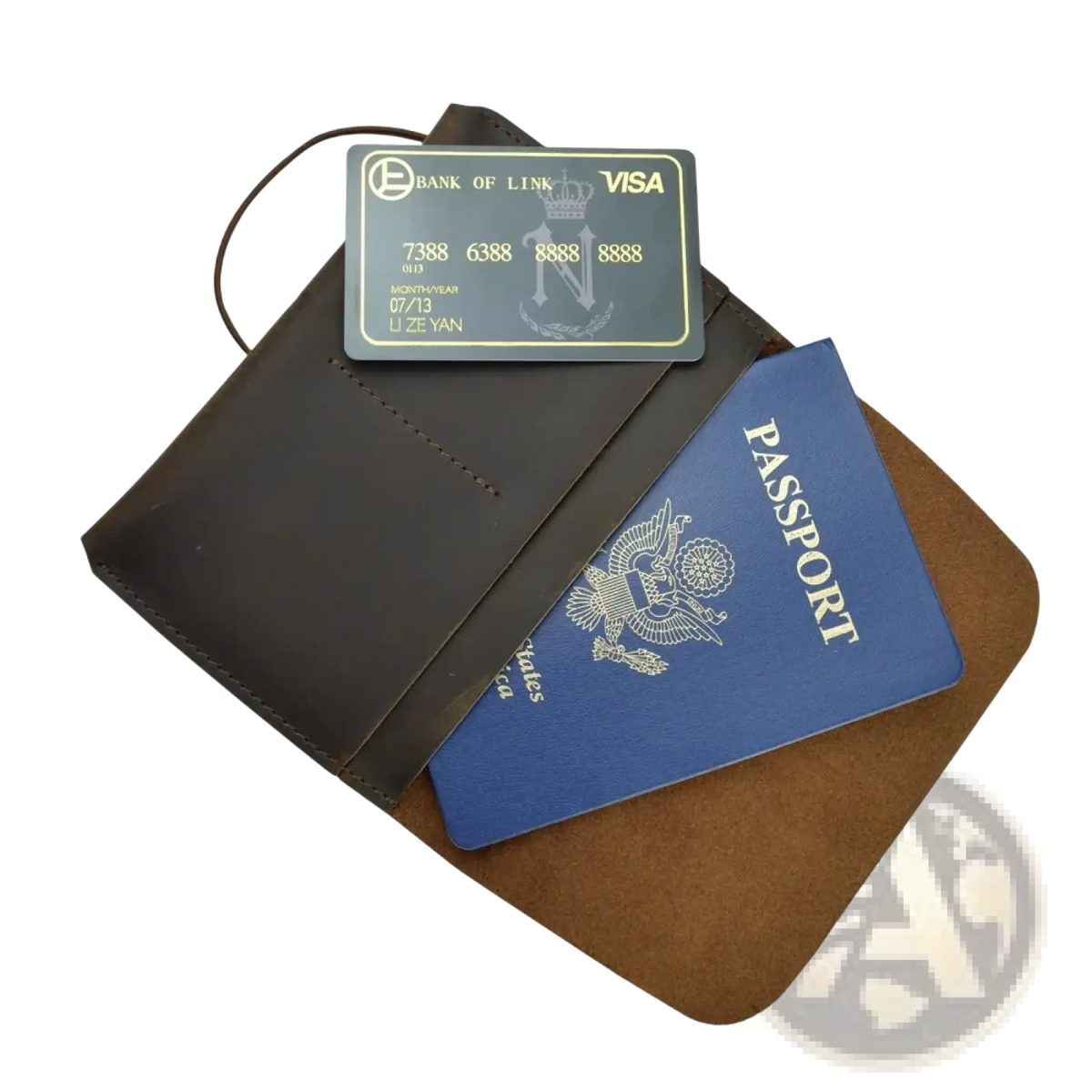 Dark brown leather passport holder travel wallet with matching strap and visible stitching for secure travel