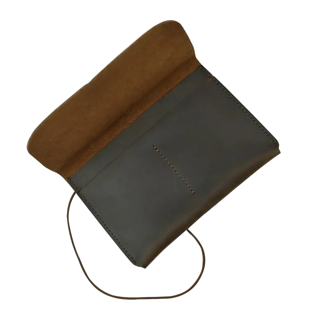 Leather passport holder travel wallet in dark brown leather with tan suede interior and visible stitching accents