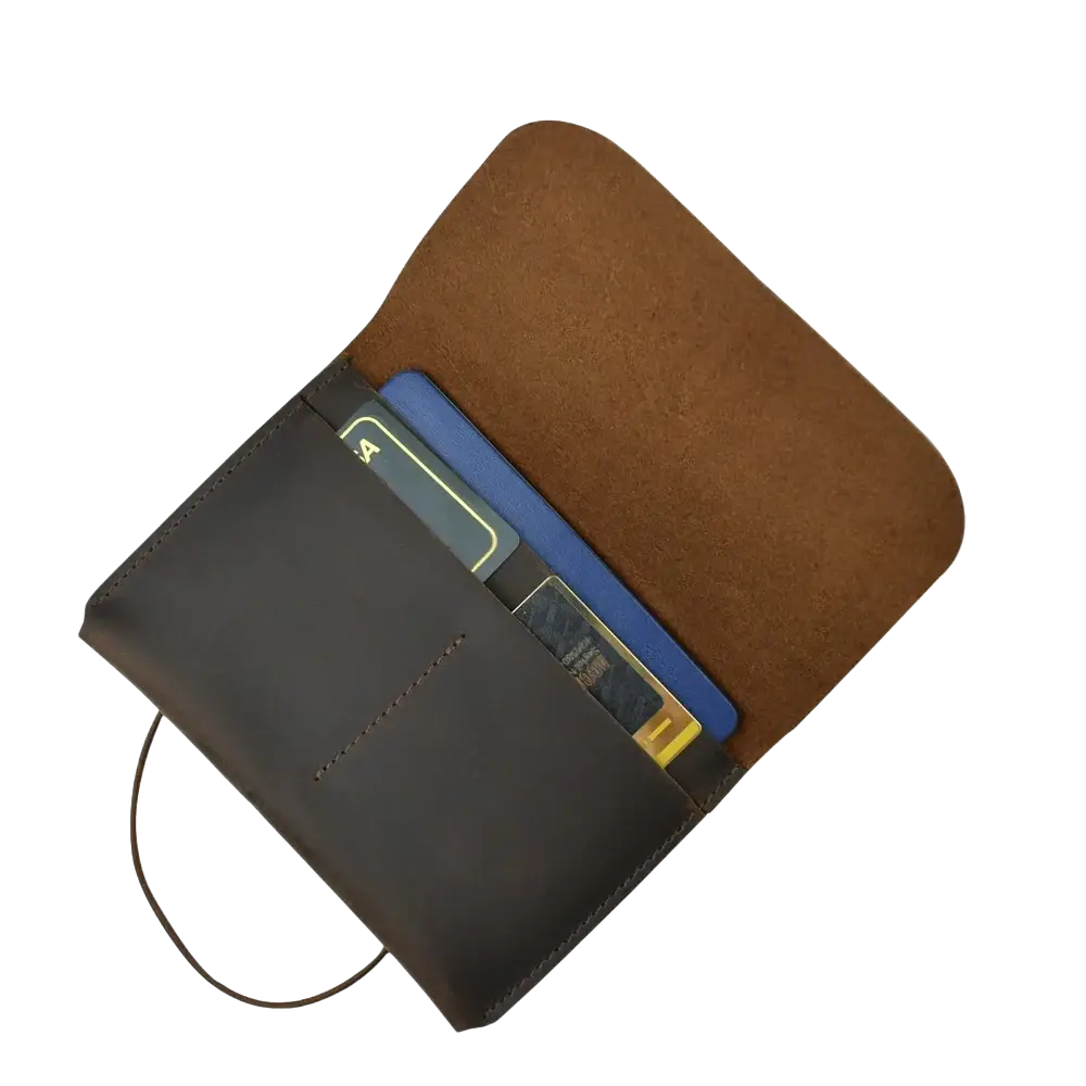 Dark brown leather passport holder travel wallet with suede interior and thin cord loop for convenient carrying