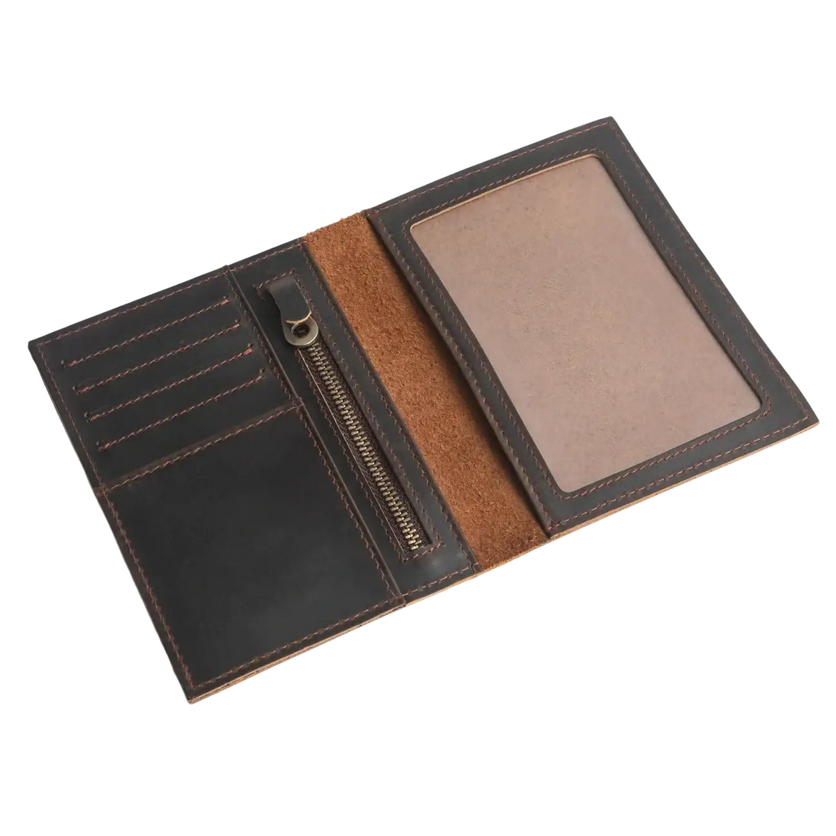 Leather passport holder travel wallet in dark brown leather with tan suede interior zippered compartment and card slots