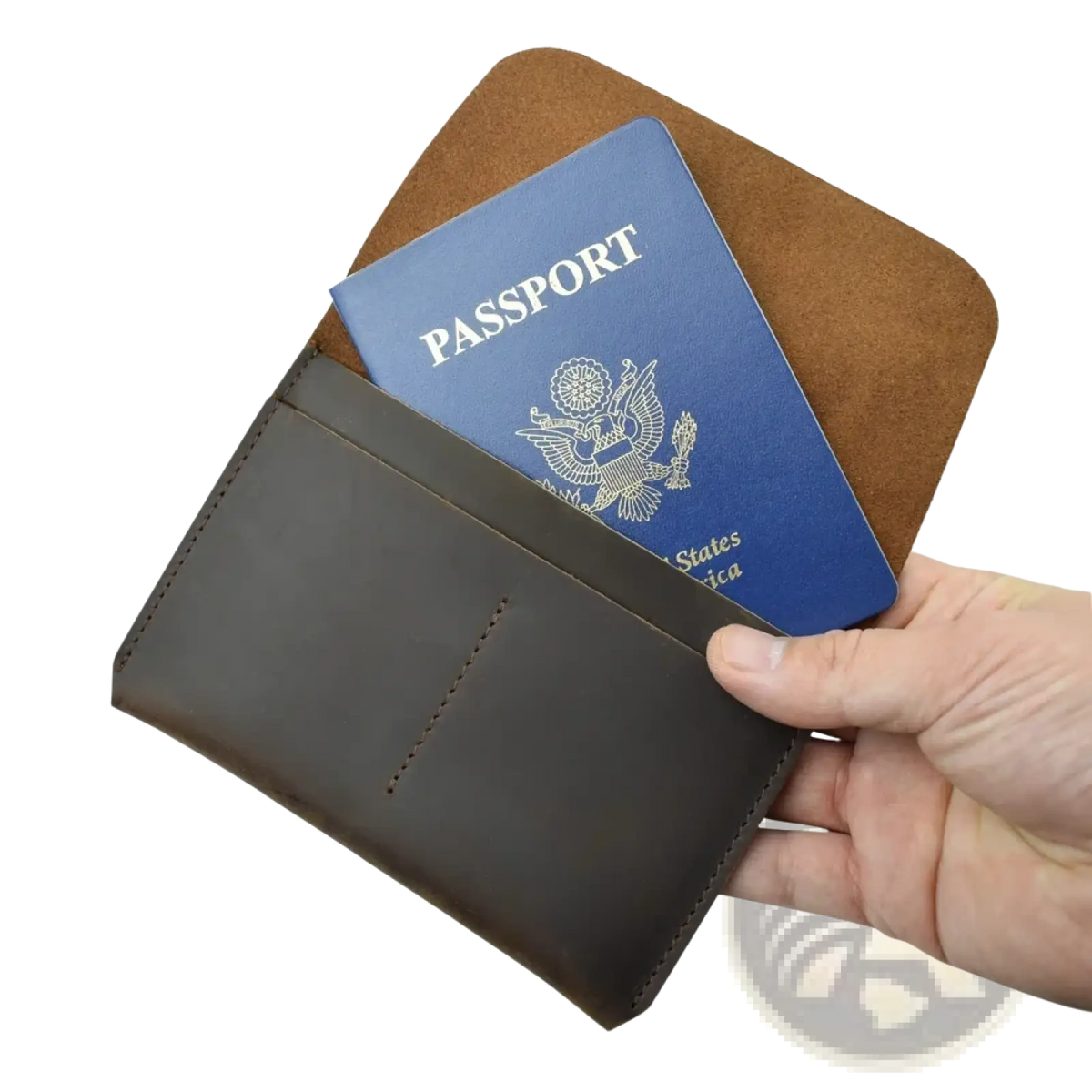 Dark brown leather passport holder travel wallet with visible stitching and tan interior lining for travel use