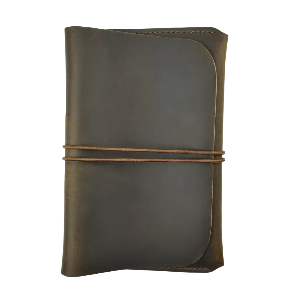 Dark brown leather passport holder travel wallet with minimalist design and two tan cord ties for secure closure