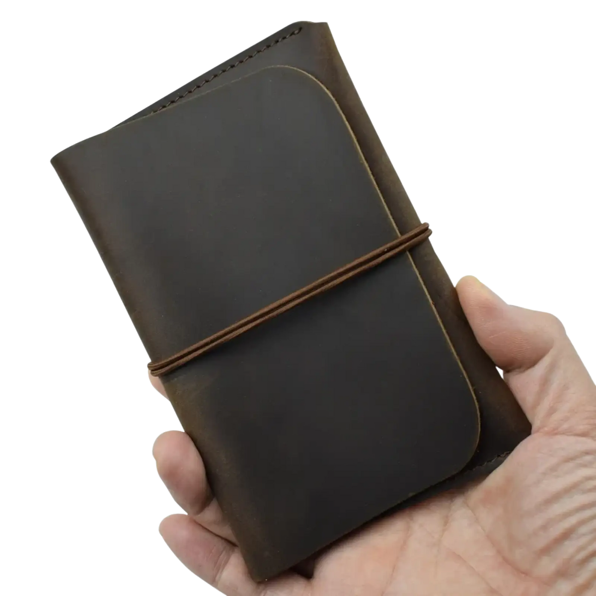 Dark brown leather passport holder travel wallet with matching cord tie for secure travel organization