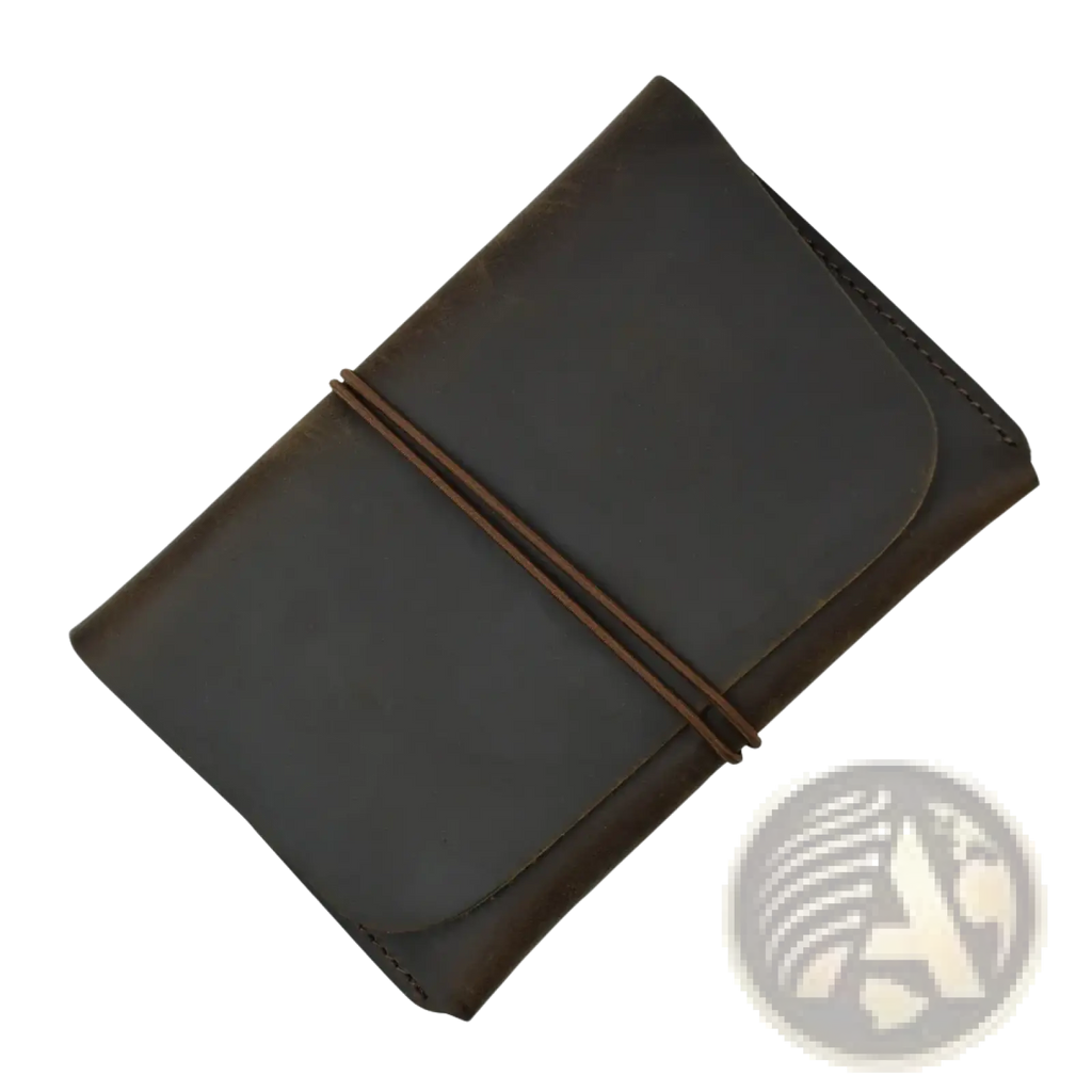 Dark brown leather passport holder travel wallet with minimalist design and two matching leather strap closures